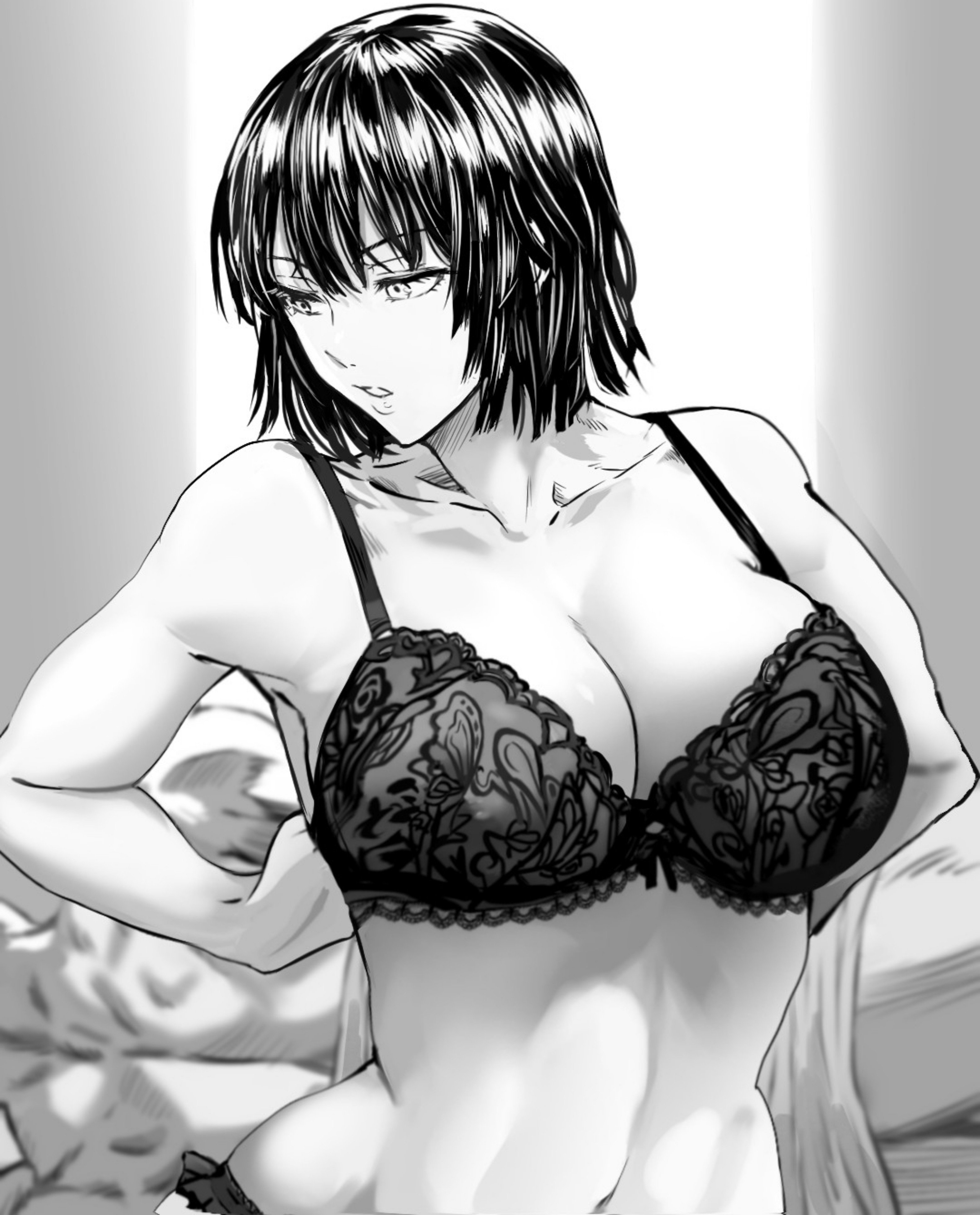 1boy, 1boy1girl, 1girl1boy, 1girls, absurd res, absurd resolution, absurdres, after sex, bed, black and white, black bra, black hair, cleavage, clothed, clothing, curvaceous, curvy, curvy body, curvy female, daraz18aka, female, fit, fit female, fringe, front view, fubuki (one-punch man), greyscale, highres, hips, hourglass figure, indoors, large breasts, lingerie, lips, male, medium hair, midriff, navel, one-punch man, panties, saitama, short hair, toned, toned female, voluptuous, wide hips