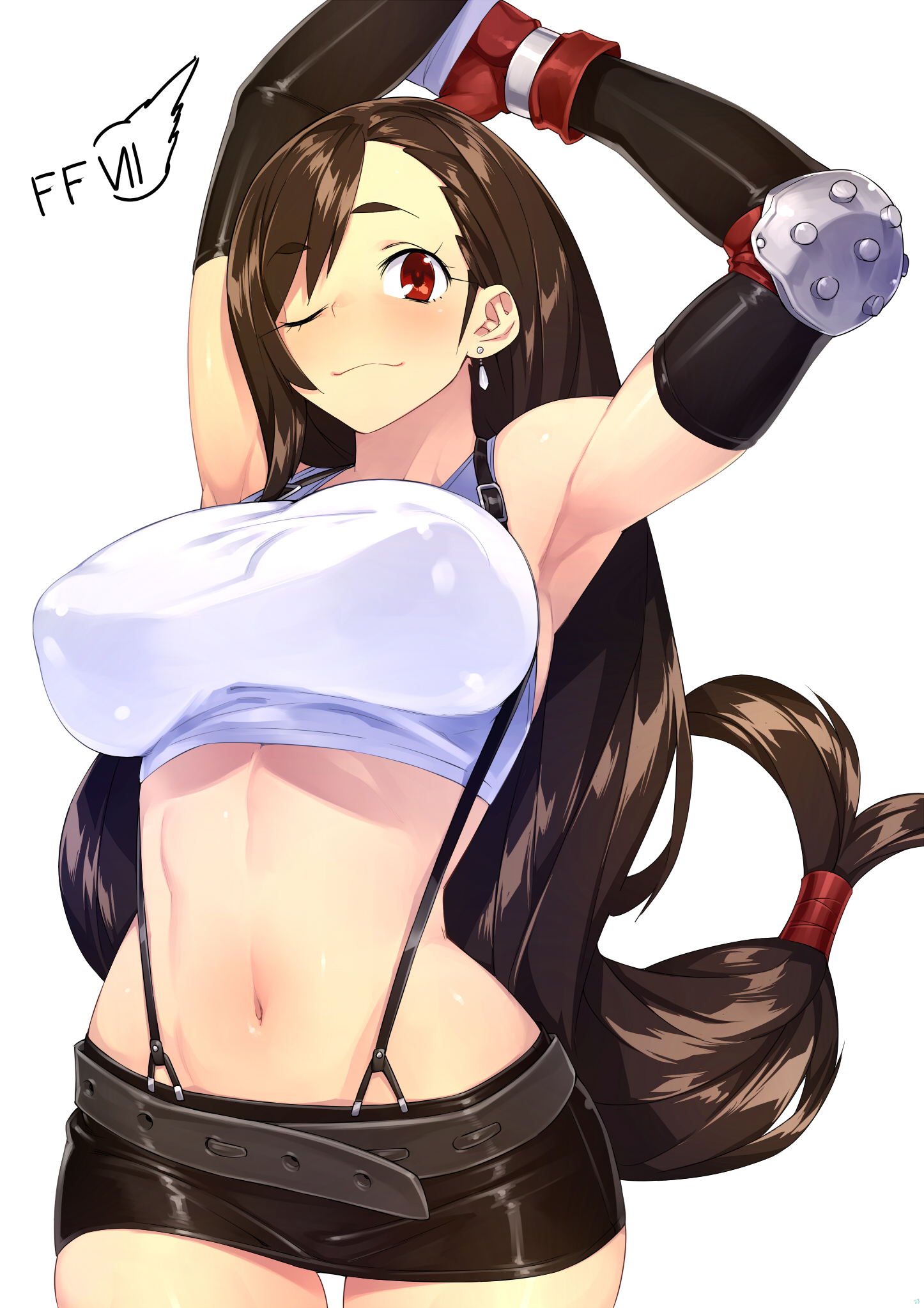 1girls, armpits, arms up, blush, breasts, brown eyes, brown hair, elbow gloves, female, female only, final fantasy, final fantasy vii, gloves, human, large breasts, long hair, miniskirt, navel, sela god, skirt, smile, smooth skin, solo, standing, suspenders, tank top, thigh gap, tifa lockhart, wink