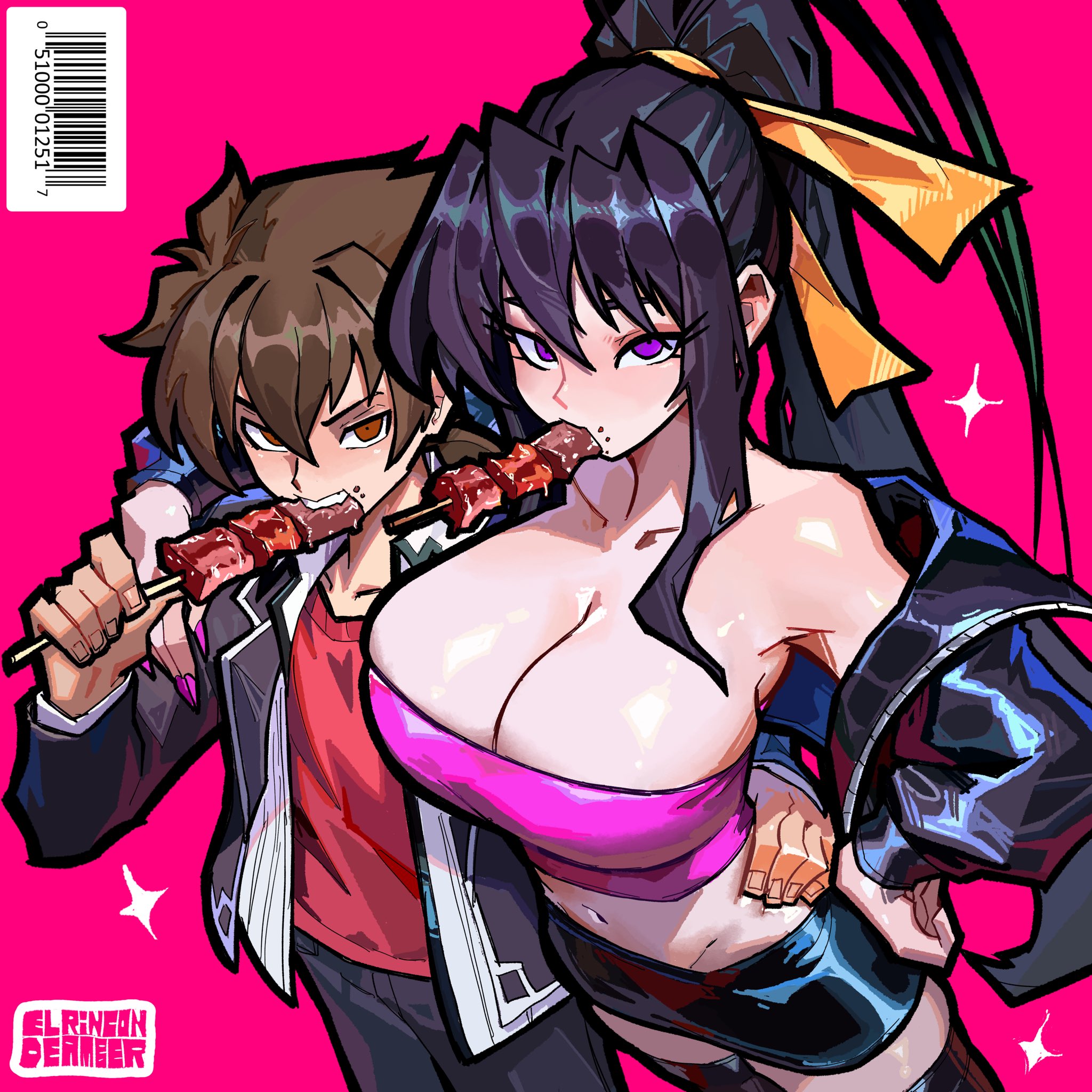1boy, 1girls, akeno himejima, armpits, barcode, bare shoulders, big breasts, black hair, black jacket, black pants, black thighhighs, blazer, breasts, brown eyes, brown hair, cleavage, collarbone, commentary, commission, cowboy shot, crop top, eating, el rincon de amber, english commentary, food, food in mouth, from above, hair between eyes, hair ribbon, hair up, hand on another's hip, hand on own hip, high ponytail, high school dxd, highres, himejima akeno, hip bones, holding, holding food, holding skewer, hyoudou issei, jacket, jacket partially removed, kuoh academy school uniform, large breasts, latex, latex jacket, latex skirt, long hair, long sidelocks, looking at viewer, miniskirt, mouth hold, nail polish, navel, open clothes, open jacket, orange ribbon, pants, pencil skirt, pink background, pink nails, pink tube top, ponytail, purple eyes, red shirt, ribbon, school uniform, sexually suggestive, shirt, short hair, sidelocks, signature, skewer, skirt, strapless, thighhighs, tube top, very long hair