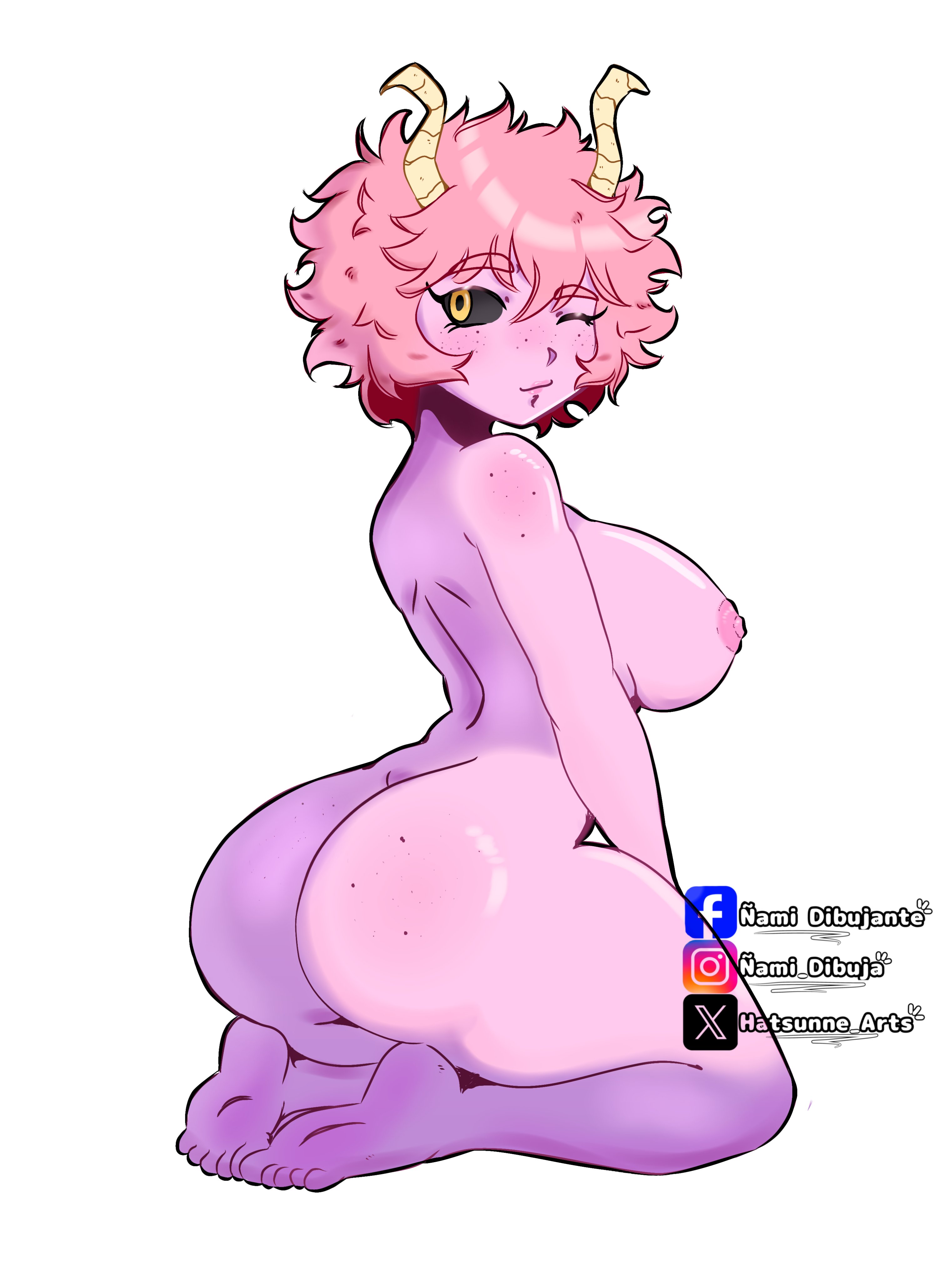 1girls, ass, barefoot, big ass, big boobs, big breasts, big butt, big tits, boku no hero academia, boobs, breasts, butt, completely nude, completely nude female, eyebrows visible through hair, female, female only, full body, horn, mina ashido, my hero academia, naked, naked female, nami dibuja, nipples, no bra, no panties, nude, nude female, one eye closed, pink body, pink hair, pink hair female, pink skin, pink-haired female, pink-skinned female, short hair, simple background, solo, solo female, teenager, thick thighs, thighs, tits, white background