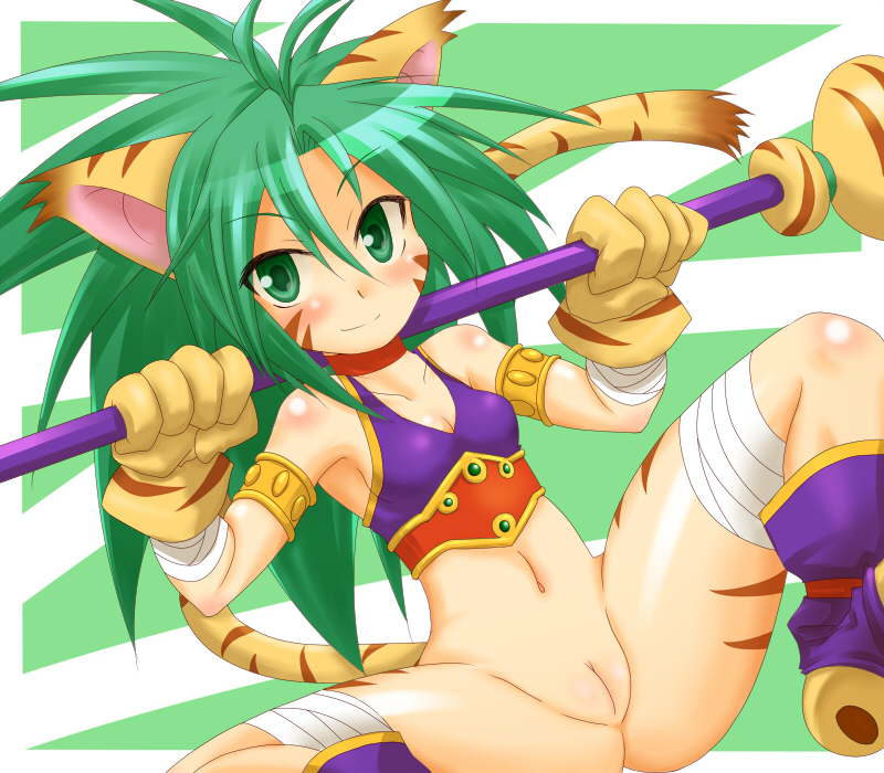 2010 animal_ears ass bandage bottomless breasts breath_of_fire breath_of_fire_ii cat_ears cham_cham clothed clothing cosplay female green_eyes green_hair hair half-dressed humanoid katt looking_at_viewer momomo navel pussy samurai_shodown small_breasts smile solo spread_legs spreading staff video_games