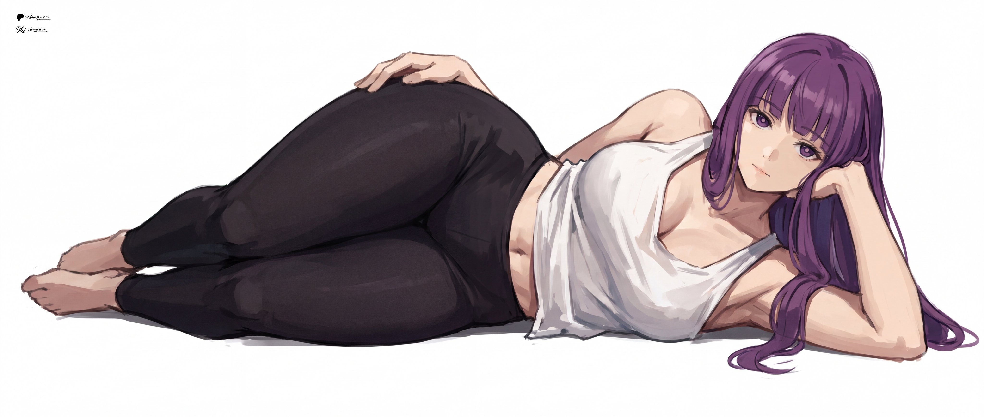 1girls, barefoot, cleavage, dewspire, feet, female, female only, fern (sousou no frieren), frieren beyond journey's end, hips, huge breasts, looking at viewer, lying on side, tank top, thick thighs