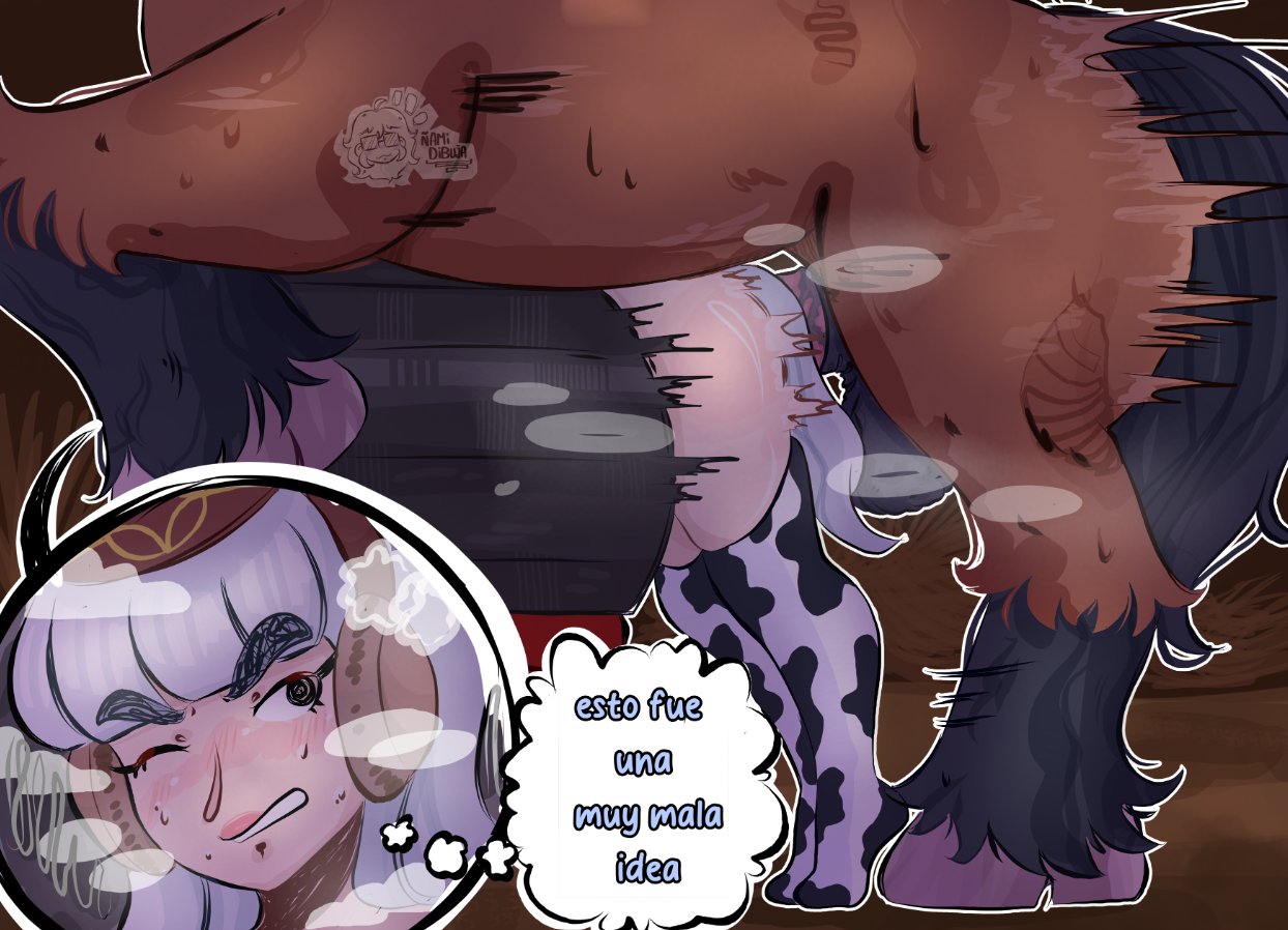 1girls, beastiality, cow print legwear, cow print thighhighs, eyebrows visible through hair, female, from behind, from behind position, gold ship (umamusume), horse, legwear, nami dibuja, one eye closed, sex, spanish dialogue, spanish text, text, thick thighs, thighhighs, thighs, translation request, umamusume, woman, zoophilia