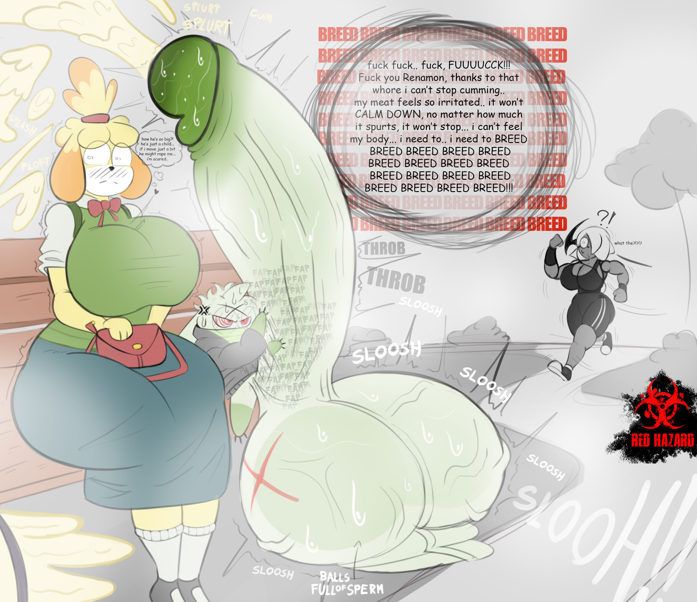 age difference, angry, anthro, ball markings, balls, balls on ground, ballsack, bandai namco, bench, big balls, big breasts, big penis, biped, black nose, blush, blush lines, bodily fluids, bottomwear, bow ribbon, breasts, clothed, clothing, cross-popping vein, cum, cumming, ejaculating, ejaculating cum, ejaculation, ellipsis, english text, erect penis, erection, excessive cum, exclamation point, eye through hair, fapping, female, floppy ears, footwear, foreskin, genital fluids, genitals, glans, green glans, group, gurgling balls, hair, hair over one eye, hazzy (redhazard), horn, huge balls, huge breasts, huge cock, huge penis, humanoid genitalia, humanoid penis, hyper, hyper balls, hyper penis, imminent rape, imminent sex, in public, inner monologue, isabelle (animal crossing), jacket, jacking off, jogging, leaking, leaking cum, leaking penis, logo, looking at genitalia, looking at penis, looking away, male, markings, masturbation, motion lines, mouth closed, musk, musk clouds, musky balls, musky cock, needy, nintendo, on bench, outdoors, outside, park, park bench, paws, penile, penile masturbation, penis, pent up, plant, pokemon, profanity, public, public exposure, public indecency, public masturbation, public nudity, question mark, raphe (anatomy), red eyes, red text, redhazard, retracted balls, retracted foreskin, running, scared, scared expression, scrotal raphe, scrotum flap, shoes, shoulder bag, shrub, sitting, sitting on bench, skirt, sloshing balls, small but hung, socks, splurt, sweat, sweatdrop, sweaty balls, sweaty genitalia, sweaty penis, text, thinking, throbbing penis, thrusting, topwear, tree, trio, veins, veiny balls, veiny penis, wanting sex, white sclera, white text, yellow body, young, younger male