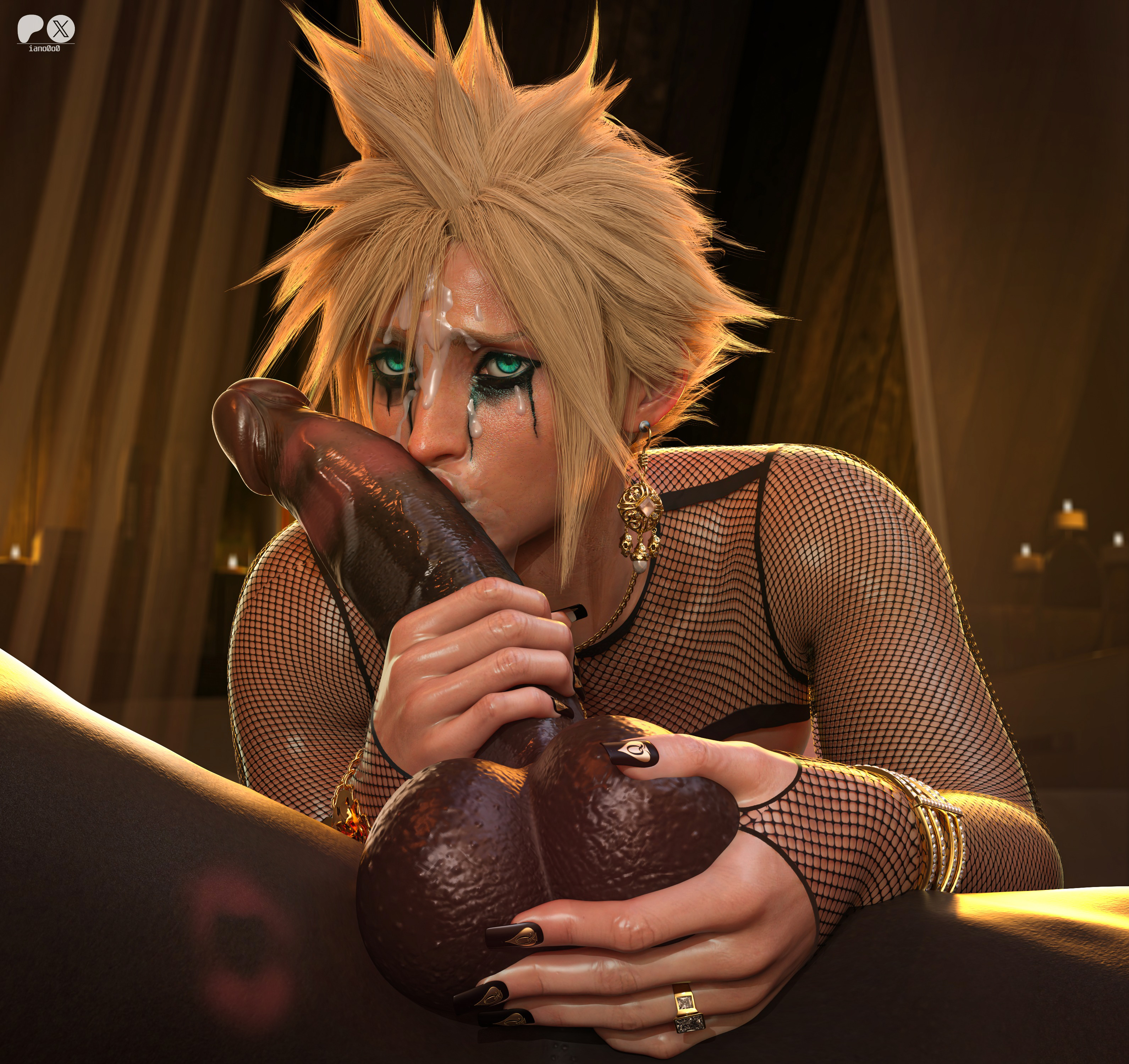 3d, big balls, black cock, black dick, black nails, black penis, cloud strife, cock, cum, cum on face, dark-skinned male, dick, femboy, final fantasy, final fantasy vii, final fantasy vii remake, fishnets, gay, iano0o0, interracial, kissing cock, kissing dick, kissing penis, lipstick, lipstick mark, lipstick marks, long nails, looking at viewer, penis, queen of spades symbol, runny makeup, runny mascara, semen, semen on face, tagme, tagme (character), yaoi
