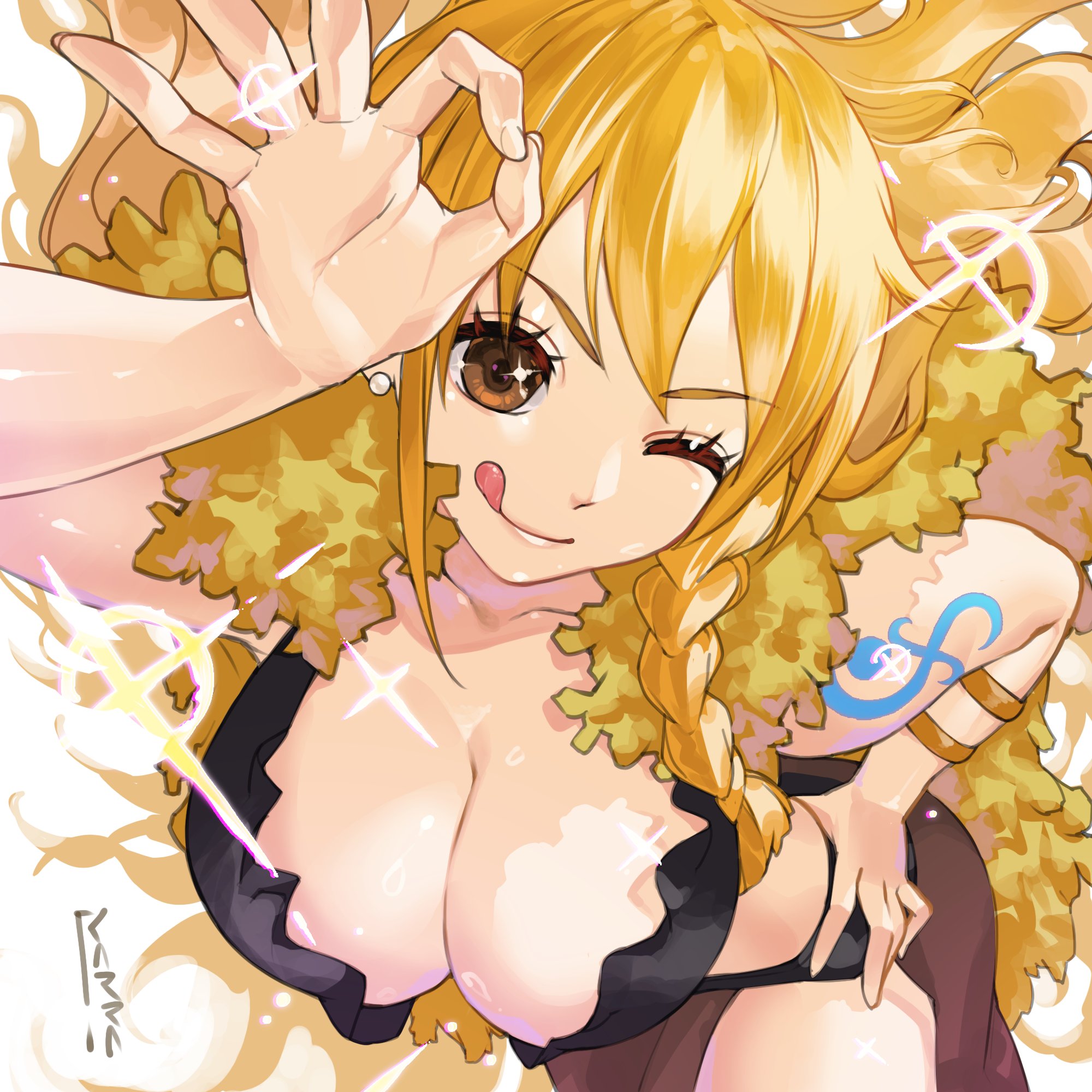 1girls, arm tattoo, big breasts, blue tattoo, cleavage, female, female only, huge breasts, karra art, nami (one piece), one piece, orange hair, orange-haired female, tattoo, wink