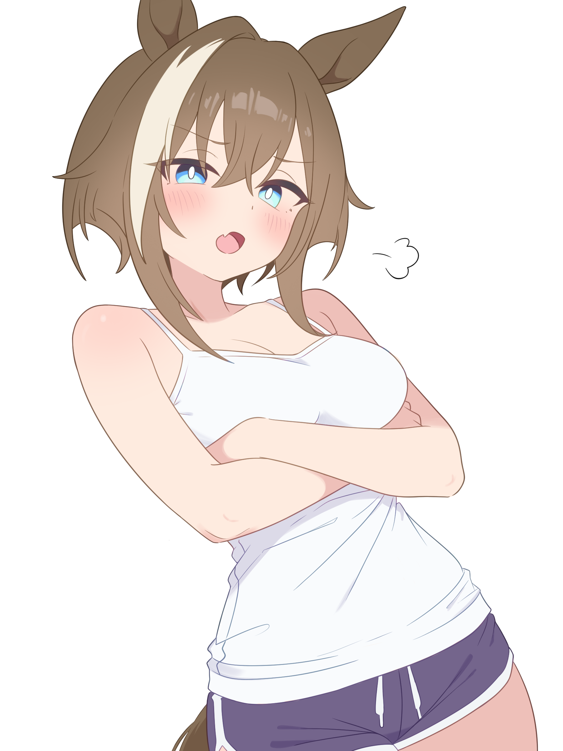 1girl, black shorts, blue eyes, blush, brown hair, cheval grand (umamusume), cowboy shot, crossed arms, dolphin shorts, fang, highres, horse ears, horse girl, horse tail, looking at viewer, medium breasts, multicolored hair, open mouth, short hair, solo, umamusume, umamusume pretty derby, white hair