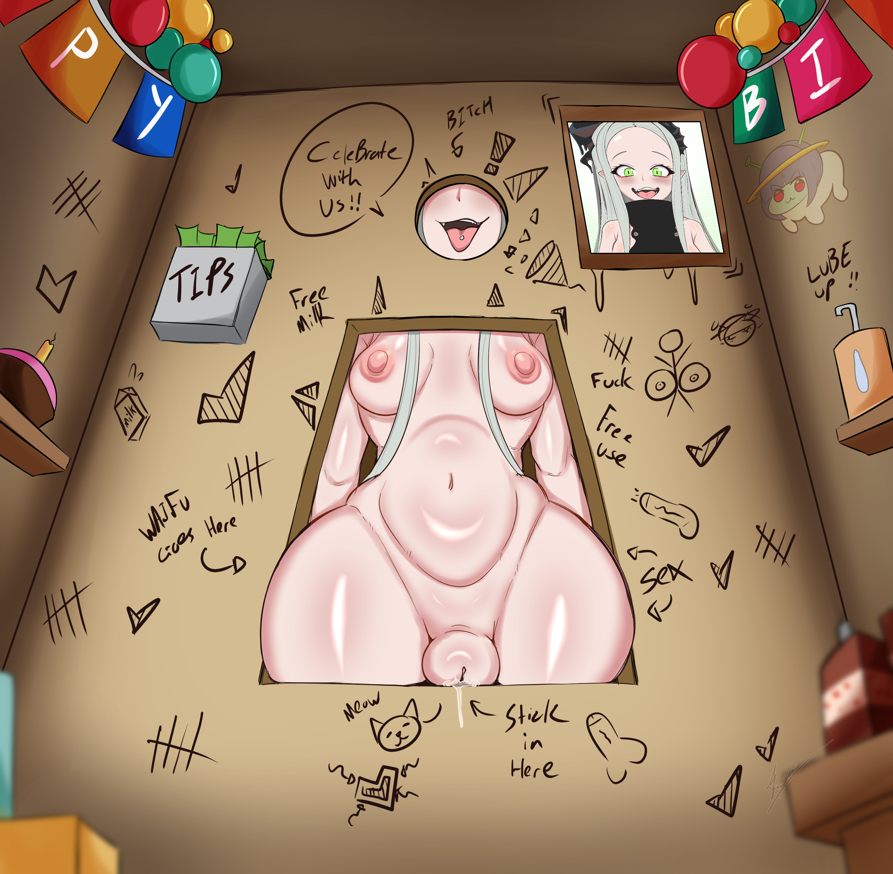 birthday, breasts, breasts through wall, glory wall, goddess of victory: nikke, green eyes, leviathan (nikke), long hair, nipples, photo (object), public use, pussy, pussy juice, small breasts, solo, solo female, text, thick thighs, through wall, tip jar, tongue out, tongue piercing, wall of text, xt ecchi
