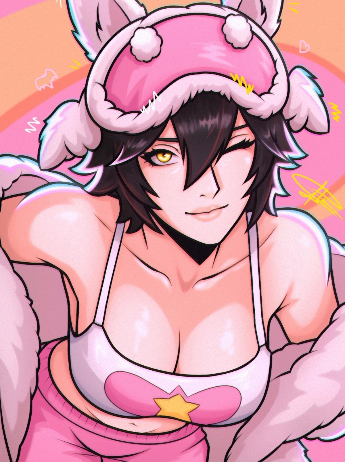 2d, asian, asian female, big breasts, cleavage, female, jubilation lee, jubilee, jubilee (marvel rivals), jubilee (vampy jammies), marvel, marvel rivals, milf, solo, wink, x-men