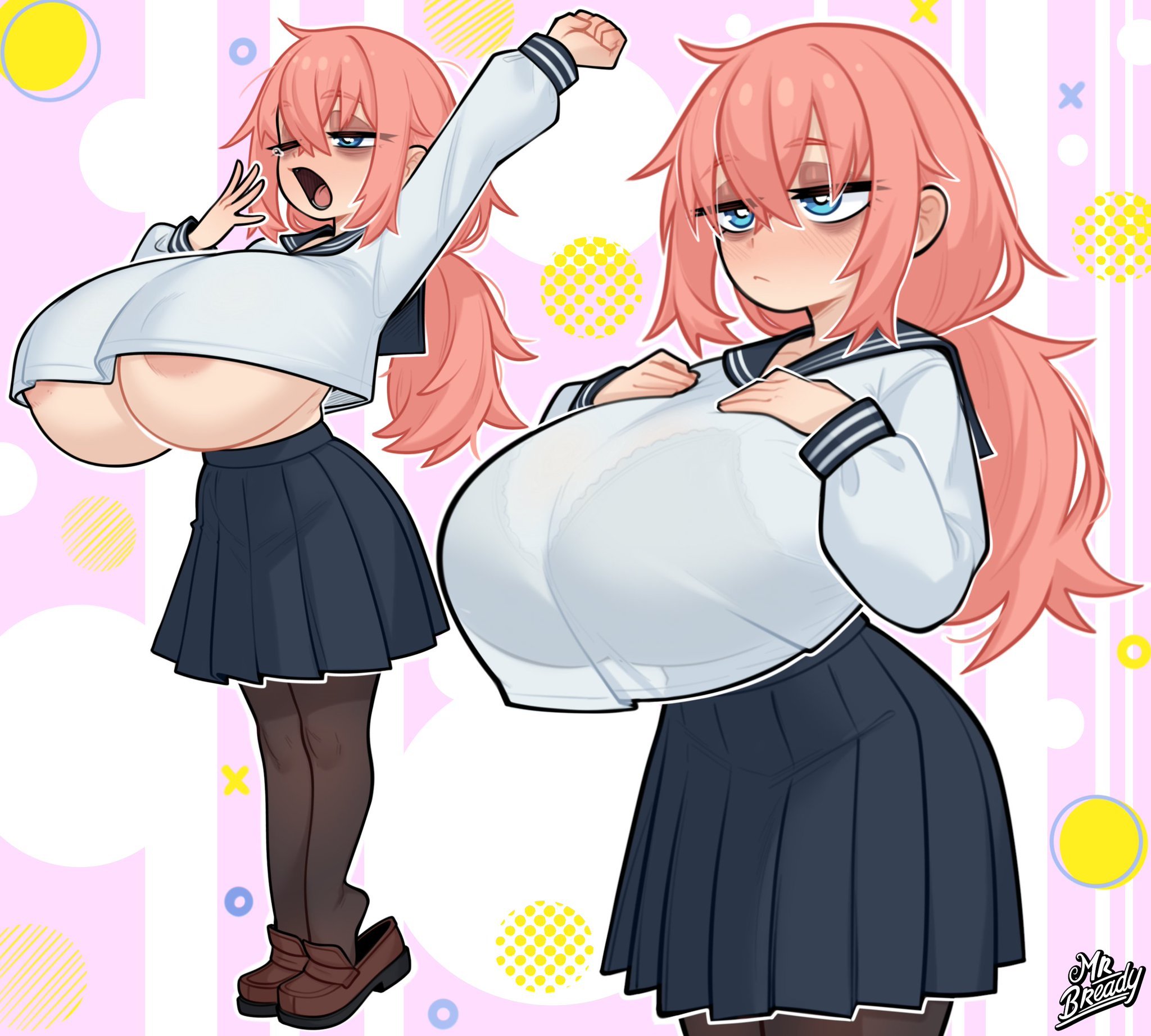 1girls, anime, big breasts, blue eyes, bra, bra visible through clothes, breasts, female, female only, huge breasts, michinoku komaro, nipple bulge, nipple slip, nipples, pink hair, school uniform, seitokai nimo anawa aru!, shortstack, skirt, srbready, stretching, tired, yawn