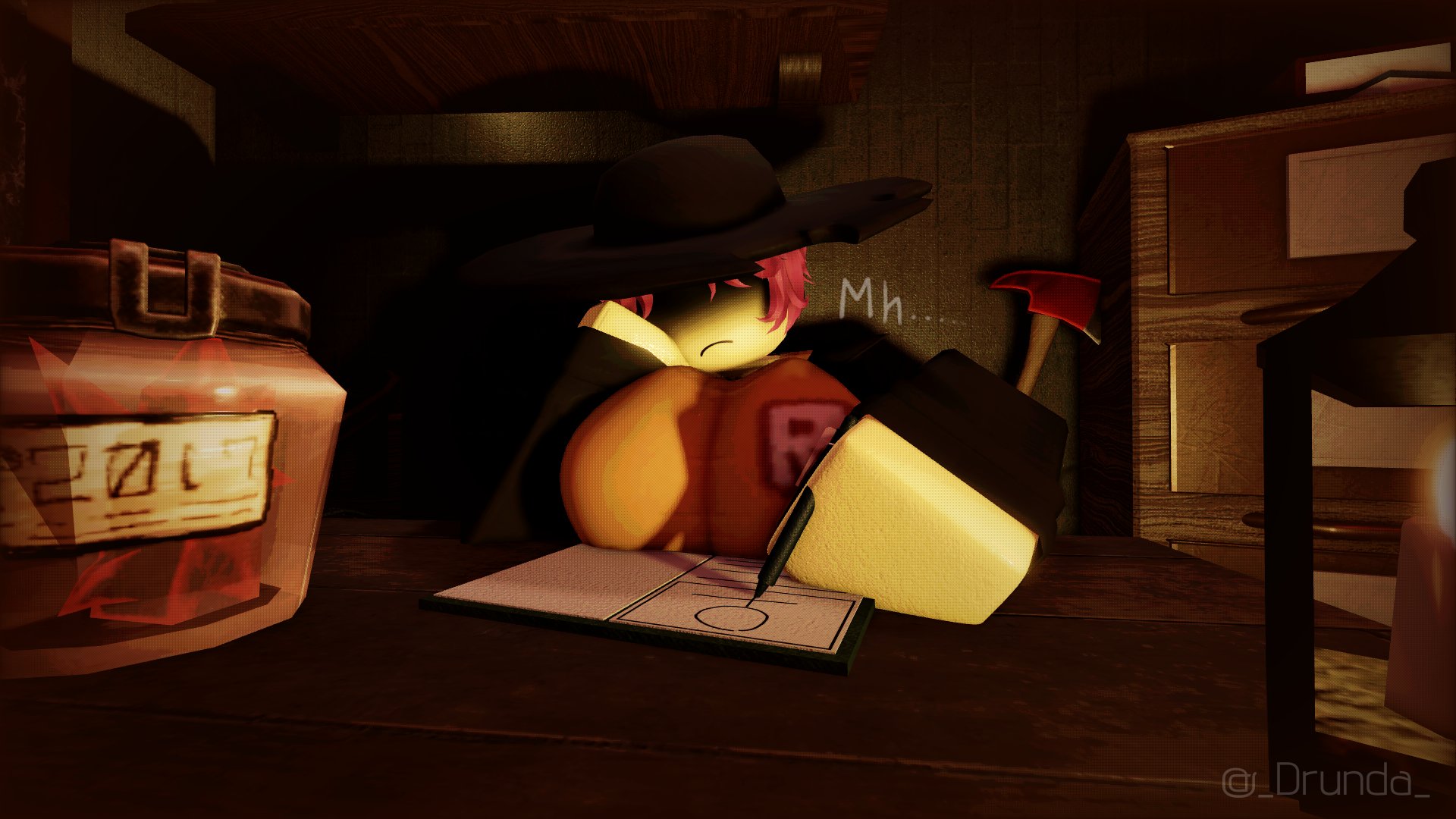 1girl, 1girls, 3d, 3d model, 3d render, axe, big breasts, black coat, breasts, breasts focus, clothed, eyes covered, eyes covered by shadow, female, female focus, female only, fire axe, forsaken (roblox), hand on head, huge breasts, jane doe (forsaken), jane doe (roblox), large breasts, neutral expression, no sex, pink hair, purple hair, roblox, roblox game, robloxian, shadowed eyes, short hair, tagme (artist), writing, yellow skin