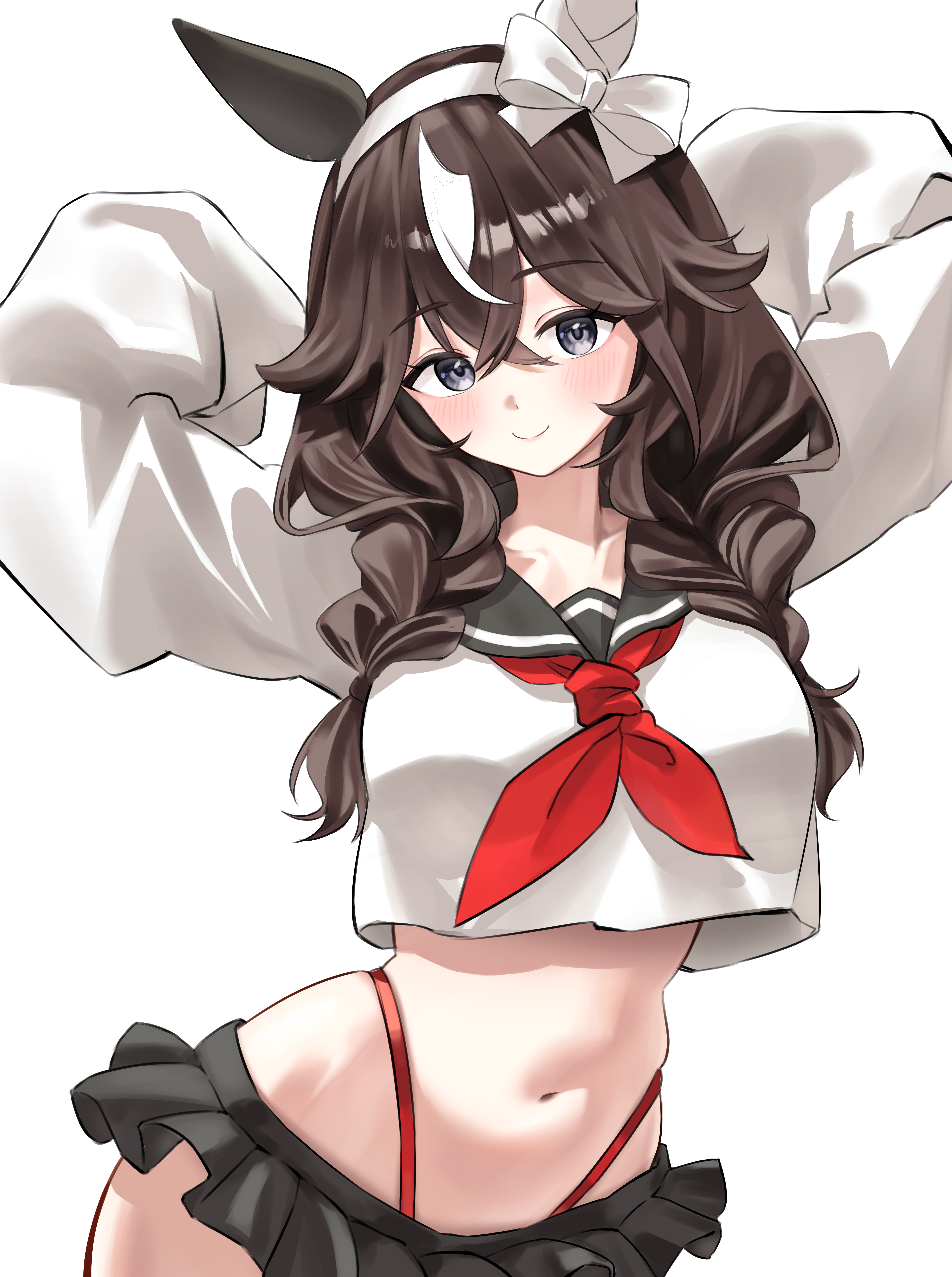 1girl, absurdres, arms behind head, arms up, artist request, black skirt, blush, brown eyes, brown hair, closed mouth, crop top, crop top overhang, curren bouquetd'or (umamusume), highres, horse ears, horse girl, long hair, looking at viewer, low twin braids, midriff, multicolored hair, navel, red neckerchief, smile, solo, stomach, umamusume, umamusume pretty derby, white hair