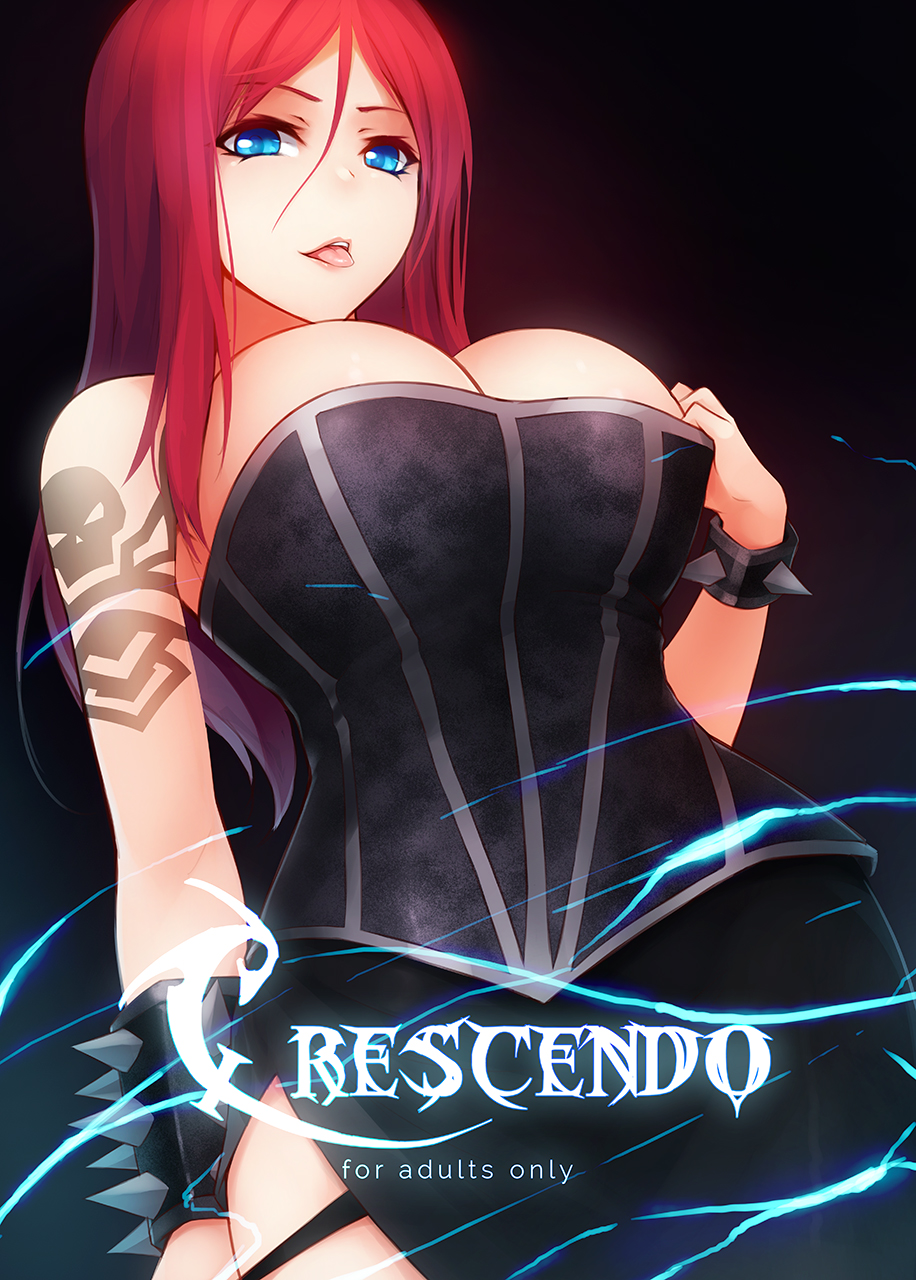 1girls, bare shoulders, blue eyes, breasts, cleavage, cover, cover page, female, female only, highres, kerasu, large breasts, league of legends, long hair, looking at viewer, pentakill series, pentakill sona, red hair, ricegnat, smile, solo, sona buvelle, spikes, tattoo, tongue, tongue out