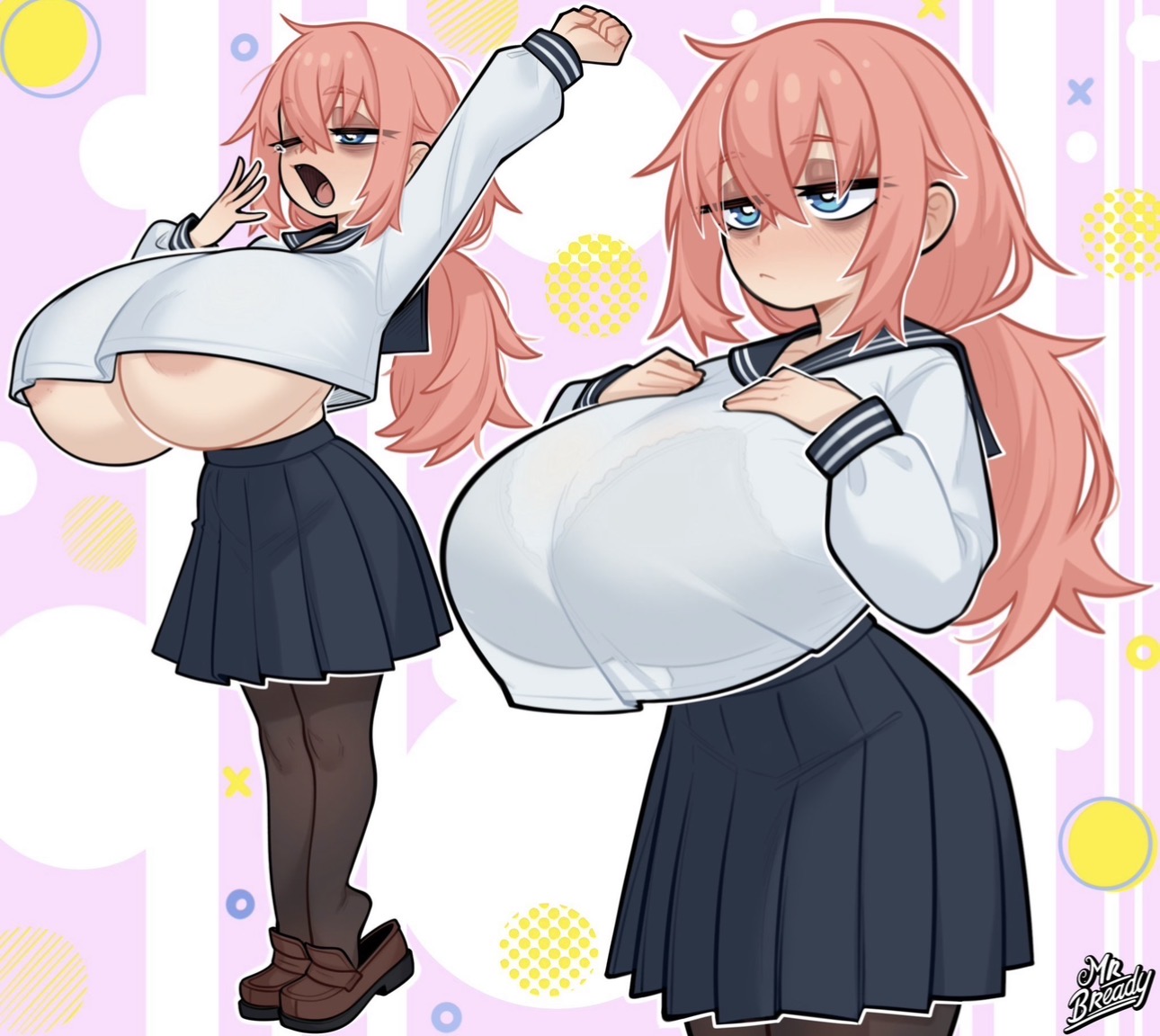 1girls, big areola, big ass, big nipples, blush, breasts bigger than head, exposed breasts, exposed nipples, female focus, female only, huge breasts, michinoku komaro, mrbready, no bra, ponytail, school uniform, seitokai nimo anawa aru!, shiny skin, short skirt, skimpy, skimpy clothes, solo, solo female, solo focus, standing, sweatdrop, thick thighs, top heavy, visible nipples