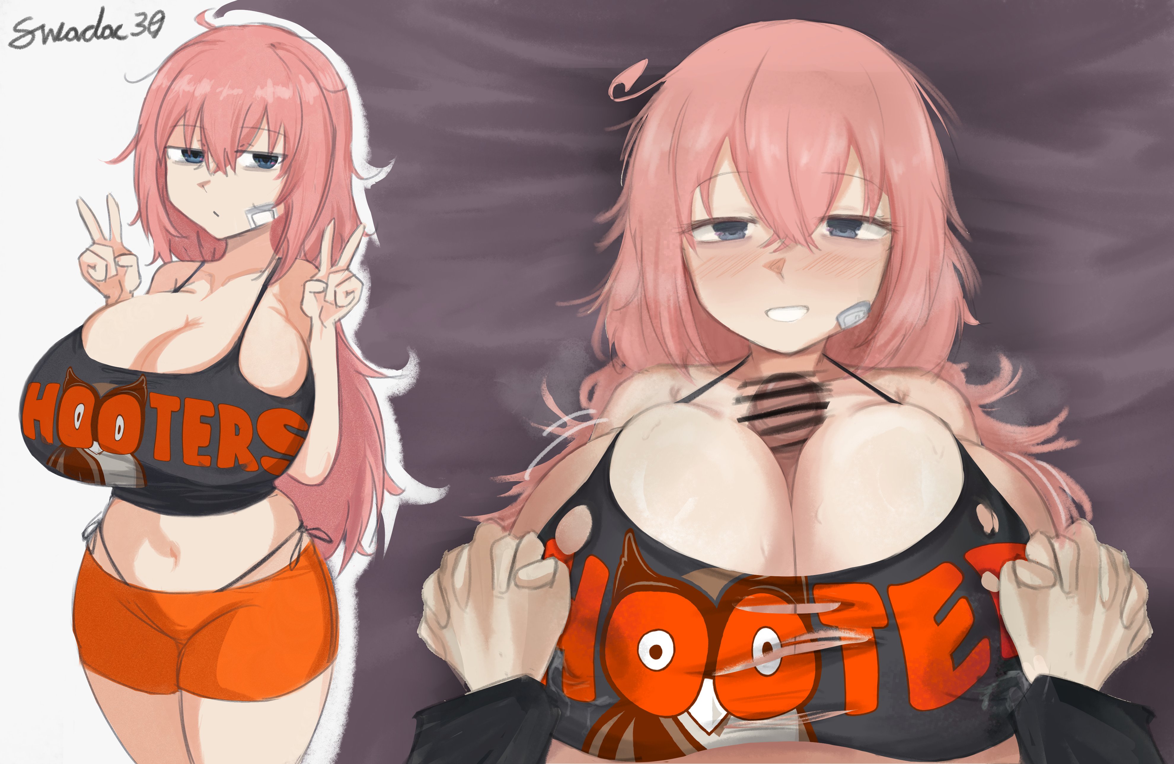 1boy, 1girl, bags under eyes, bar censor, black shirt, blue eyes, censored, censored penis, double v, gauze, gauze on cheek, handholding, holding hands, hooters, huge breasts, long hair, looking at viewer, messy hair, michinoku komaro, mizunoe ume, multiple views, orange shorts, paizuri, penis, pink hair, pov, pov hands, seitokai nimo anawa aru!, shirt, skindentation, swadac30, thighs, v