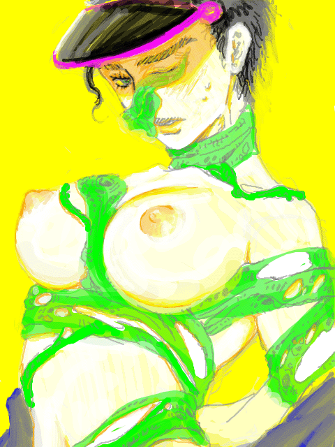 breasts female hat_only hierophant_green jojo's_bizarre_adventure jotaro_kujo nipples nude rule_63 stand_(jjba) stardust_crusaders tagme tentacle toned toned_female topless yellow_background yumiya