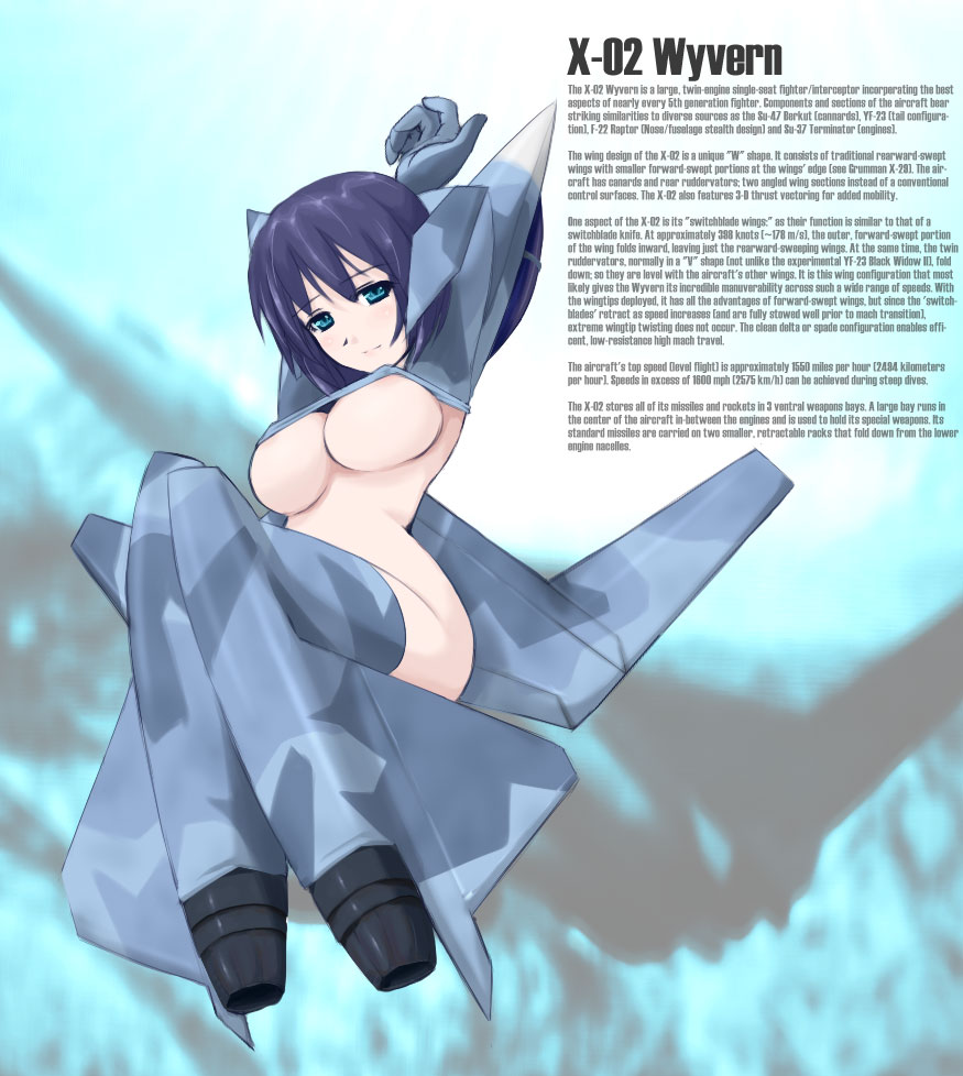 1girls ace_combat_04 airplane arms_behind_head breasts english erect_nipples jet large_breasts mecha_musume ne_hostler text underboob wyvern x-02_wyvern