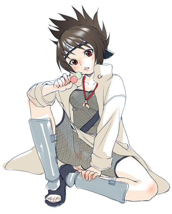 armor blush dango female female_only fishnets food headband human inuburo jacket jewelry mitarashi_anko naruto necklace ninja pussy red_eyes sandals shinguards sitting solo spread_legs straight_hair toes trenchcoat wagashi