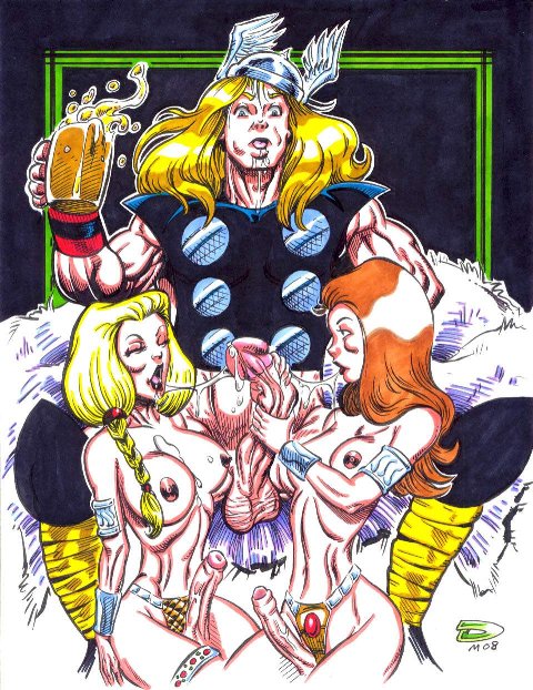 1boy 2008 2futas beer_mug breasts collaborative_fellatio erection futa_is_smaller futanari human human_only intersex light-skinned_futanari light-skinned_male light_skin male male_on_futa marvel marvel_comics nipples rob_durham straight_hair tagme thor_(marvel) thor_(series) threesome thundra valkyrie_(marvel)