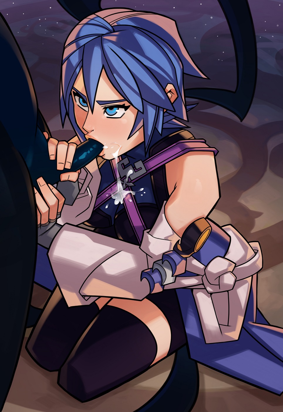 2015, aqua (kingdom hearts), blue eyes, blue hair, cum, cum in mouth, cum inside, cum on clothes, fellatio, female, fingerless gloves, gloves, heartless, kingdom hearts, kneeling, male, oral, penis, short hair, size difference, sleeves, small dom big sub, smaller male, splashbrush, thighhighs
