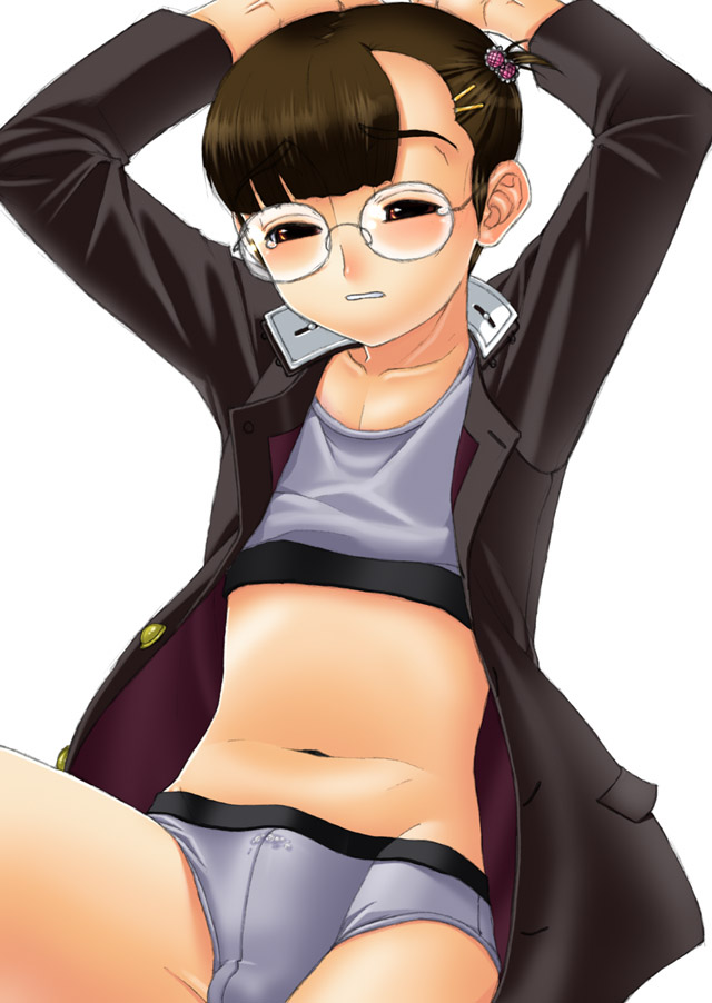 1boy brown_hair bulge cum darekawa-iwanai glasses male navel solo trap