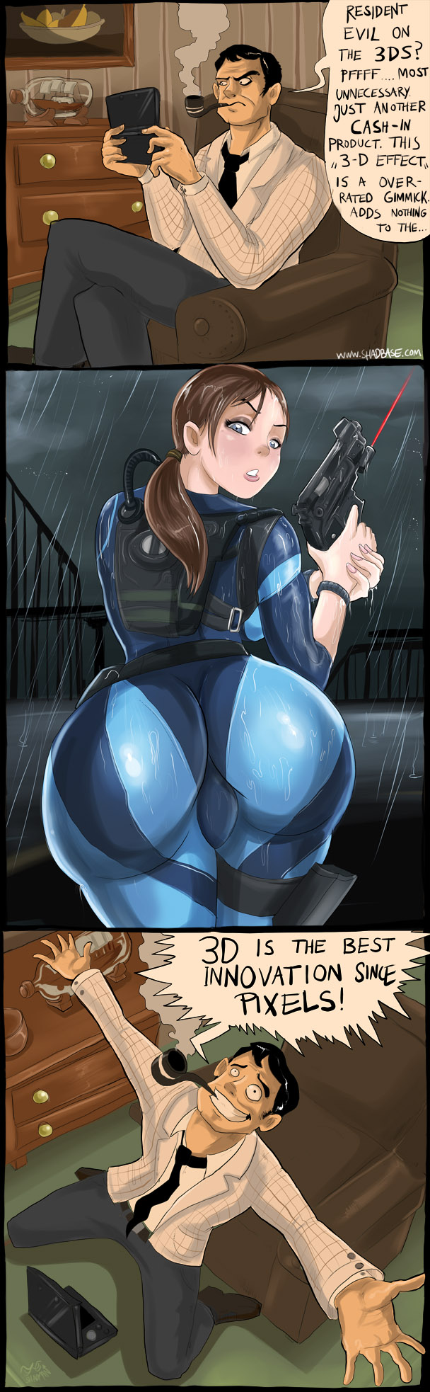 1girls, 3ds, ass, backboob, black eyes, black hair, blue eyes, bodysuit, bottom heavy, bottom heavy female, breasts, brown hair, comic, english text, female, female focus, fully clothed, funny, gamer, gun, jill valentine, jill valentine (amra sila), laser sight, male, panels, pistol, rain, raining, resident evil, resident evil revelations, shadman, skin tight, text, tight clothes, tight clothing, weapon, wetsuit