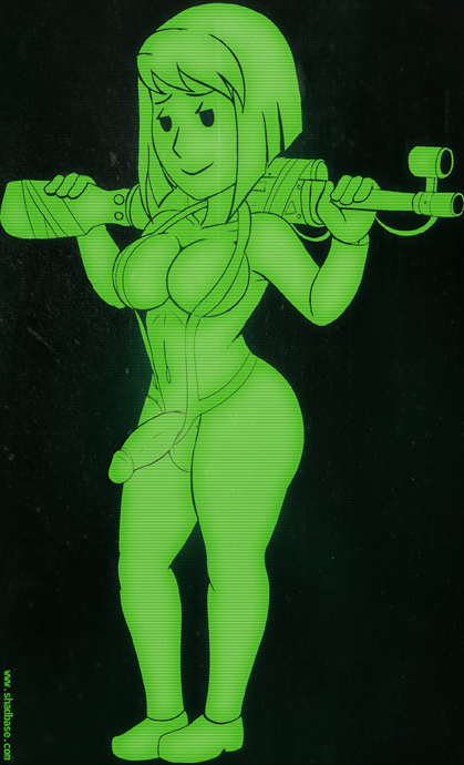 1futa, breasts, clothing, fallout, fallout 4, female, firearm, futa only, futanari, gun, intersex, jumpsuit, mob face, monochrome, nipples, penis, shadman, solo, text, uncensored, vault girl, vault meat, vault suit, weapon