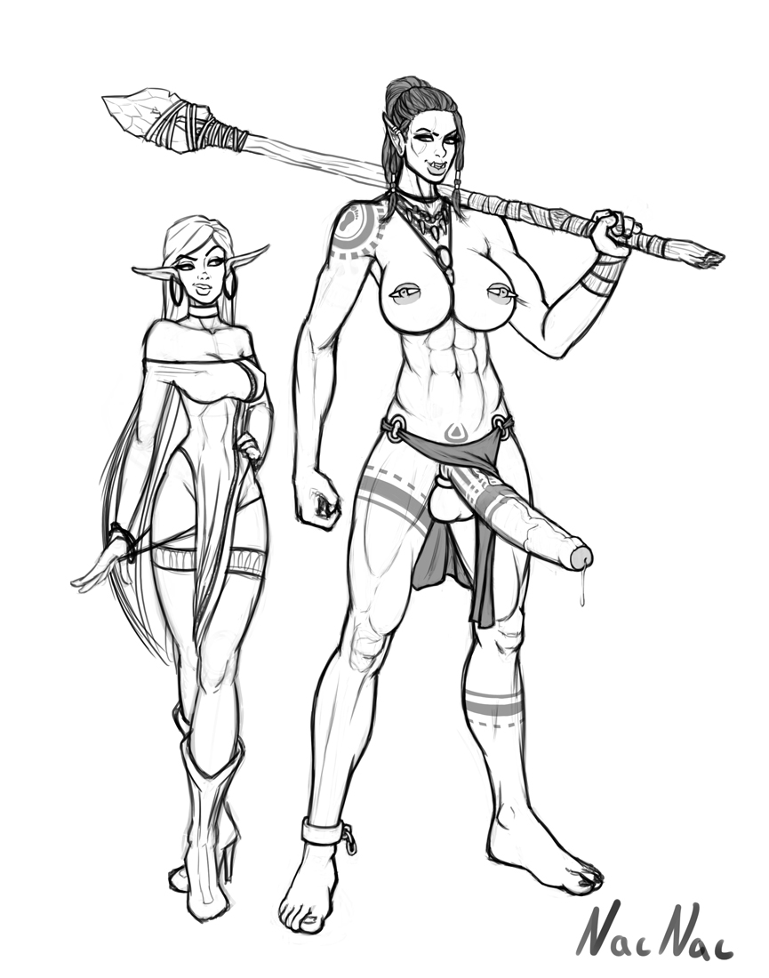 1futa, 1girls, abs, anklet, areolae, balls, barefoot, boots, bottomless skirt, breasts, choker, cleavage, curvy, dress, earrings, elf, elf female, erect nipples, erection, erection under clothes, erection under loincloth, erection under skirt, feet, female, foreskin, futa with female, futanari, hair, high heels, huge breasts, huge penis, intersex, large balls, large breasts, larger futa, loincloth, loincloth lift, long hair, monochrome, muscular, muscular futa, nacnac, navel, necklace, nipple piercing, nipples, no panties, orc, orc futa, panty pull, penis, penis out, penis under clothes, penis under loincloth, penis under skirt, piercing, pointy ears, ponytail, precum, precum drip, scar, skirt, skirt lift, spear, standing, tattoo, thighhighs, tied hair, tusks, uncircumcised, veiny, veiny penis, weapon