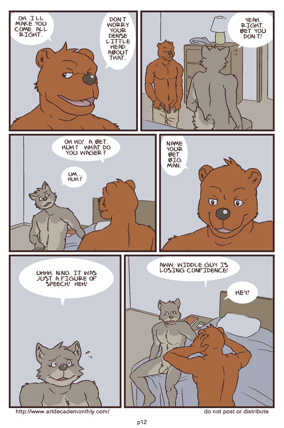 anthro artdecade bear bed bedroom big_muscles canine comic english_text erection gay grizzly_bear male male/male male_only mammal muscles penis text uncut what wolf yaoi