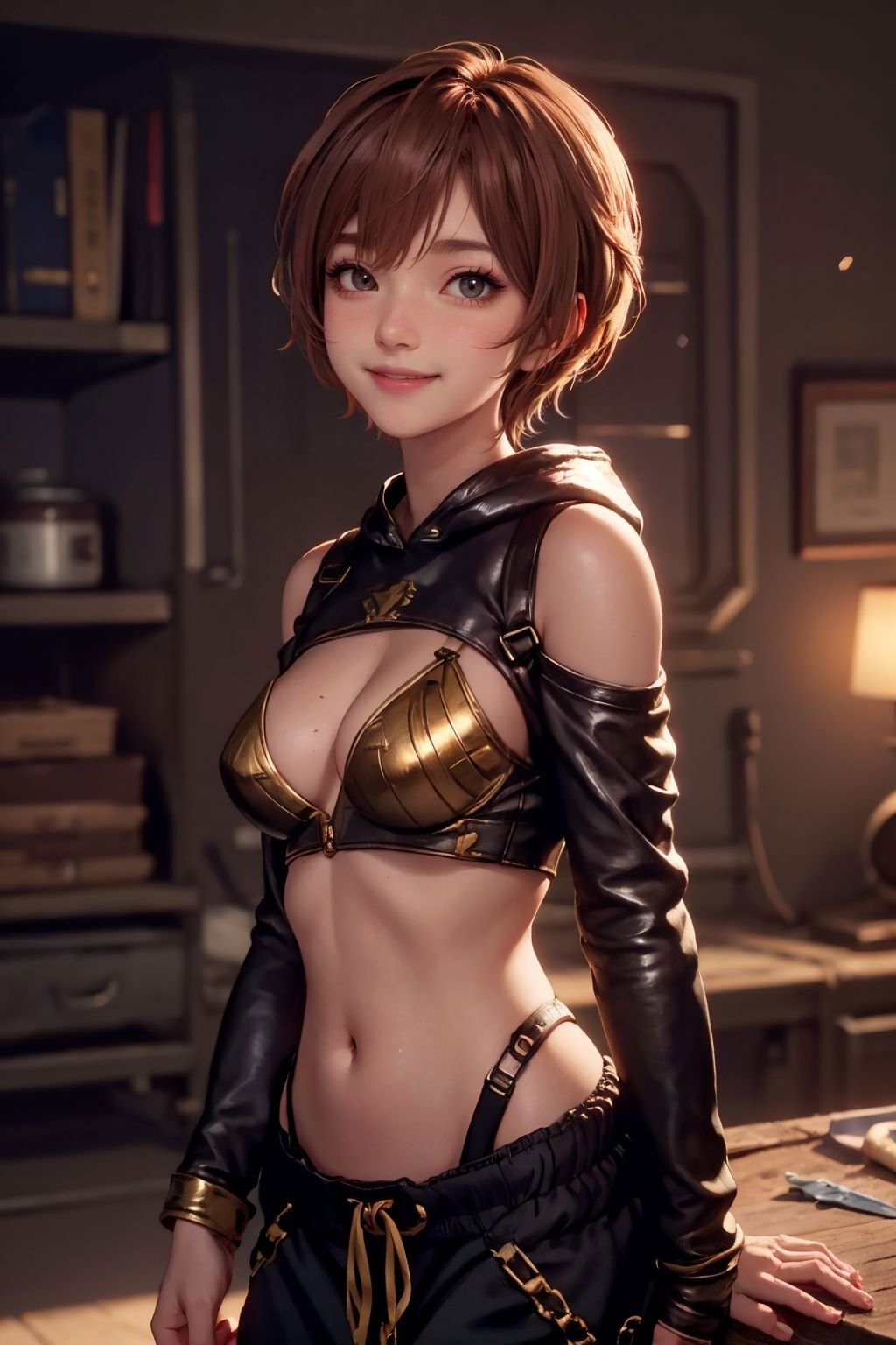 ai_generated cleavage grey_eyes iceyboy lily_(stellar_blade) lily_artemis_ii red_hair short_hair shoulders smiling smiling_at_viewer stellar_blade