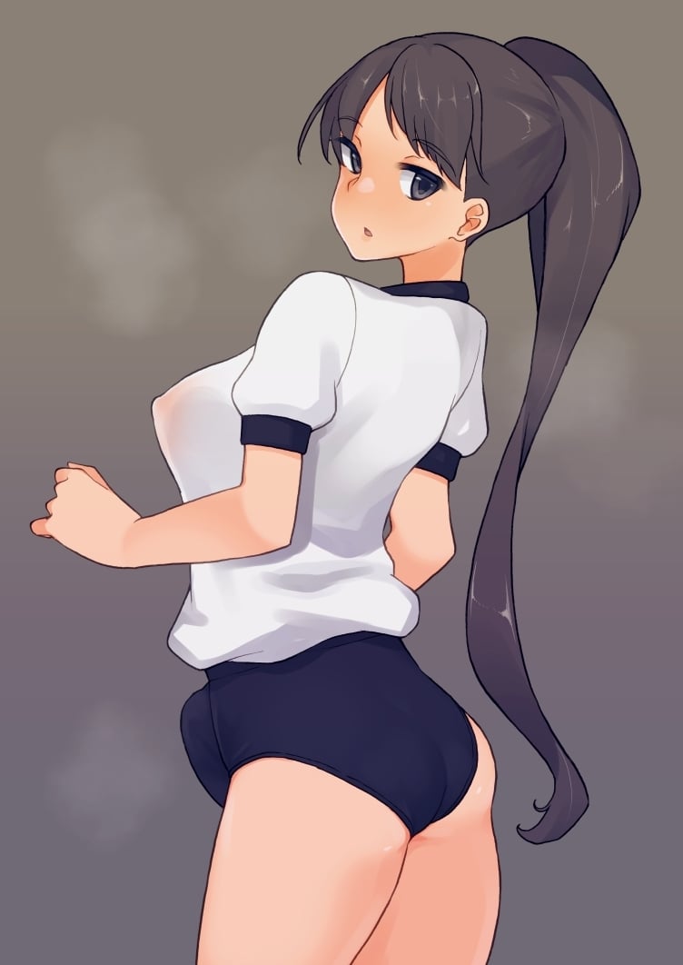 1futa bloomers breasts bulge clothed clothing from_behind_position fully_clothed futa_only futanari gym_shorts gym_uniform human landolt landolt_tamaki light-skinned_futanari light_skin ponytail solo tagme visible_nipples white_shirt