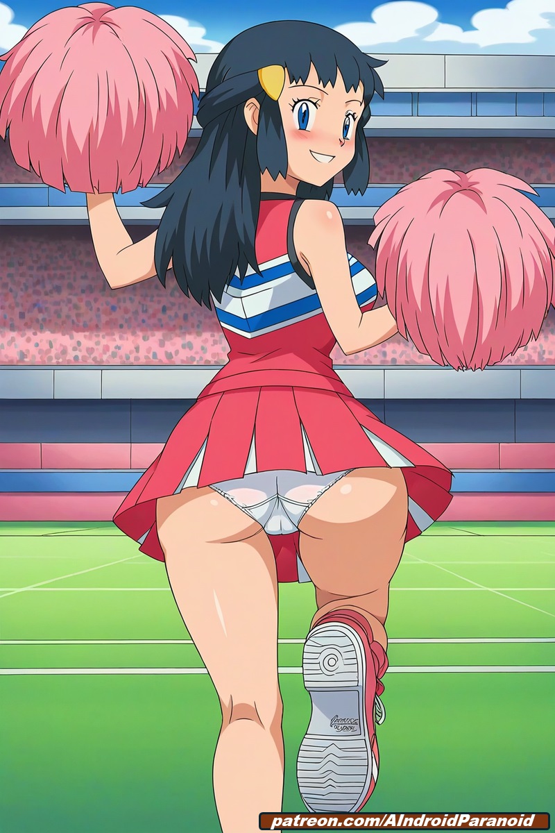 ai generated, aindroidparanoid, ass, ass focus, big breasts, blue eyes, blue hair, breasts, cameltoe, cheering, cheerleader, cheerleader outfit, cheerleader uniform, crown, cute, dawn (pokemon), female, grass, huge breasts, long hair, moving, narrow waist, nipples, outdoors, outside, panties, pokemon, pom poms, pussy, skirt, slim, stable diffusion, stadium, taller female, wide hips
