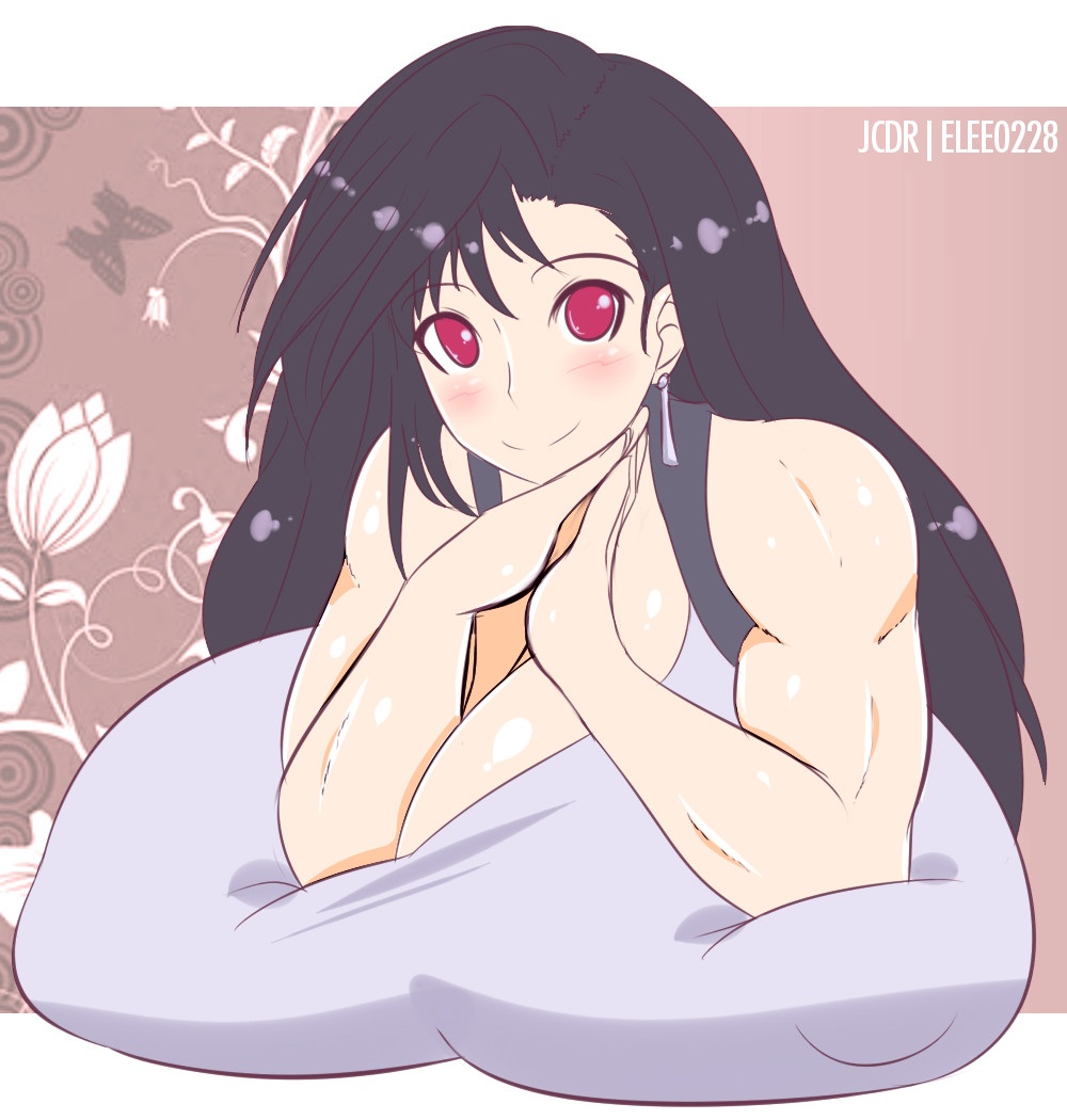1girls, black hair, blush, breast expansion, breast growth, breast growth (enlargement), breasts, breasts bigger than head, earrings, female, final fantasy, final fantasy vii, gigantic breasts, huge breasts, jcdr, long hair, muscles, muscular, muscular female, red eyes, smile, tifa lockhart