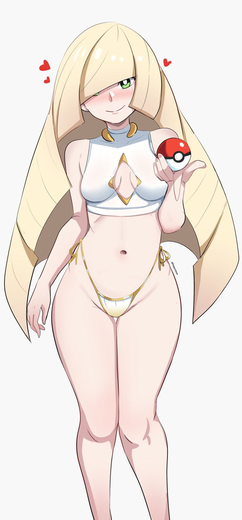 1girls bikini bikini_bottom blonde_hair blush bottomwear breasts cleavage female female_only game_freak green_eyes hair hair_over_one_eye heart hearts_around_head hips holding_object long_hair lusamine_(pokemon) mature mature_female mature_woman medium_breasts milf mother pabsmikan pokeball pokemon pokemon_sm small_breasts smile solo solo_female swimwear thighs topwear wide_hips yellow_bikini_bottom