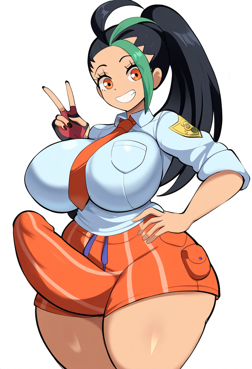 2024 2d ai_generated dark-skinned_female dark_skin erection erection_under_clothes female futa_only futanari huge_cock latex mullon nemona_(pokemon) novelai orange_eyes orange_shorts peace_sign png pokemon pokemon_sv smile