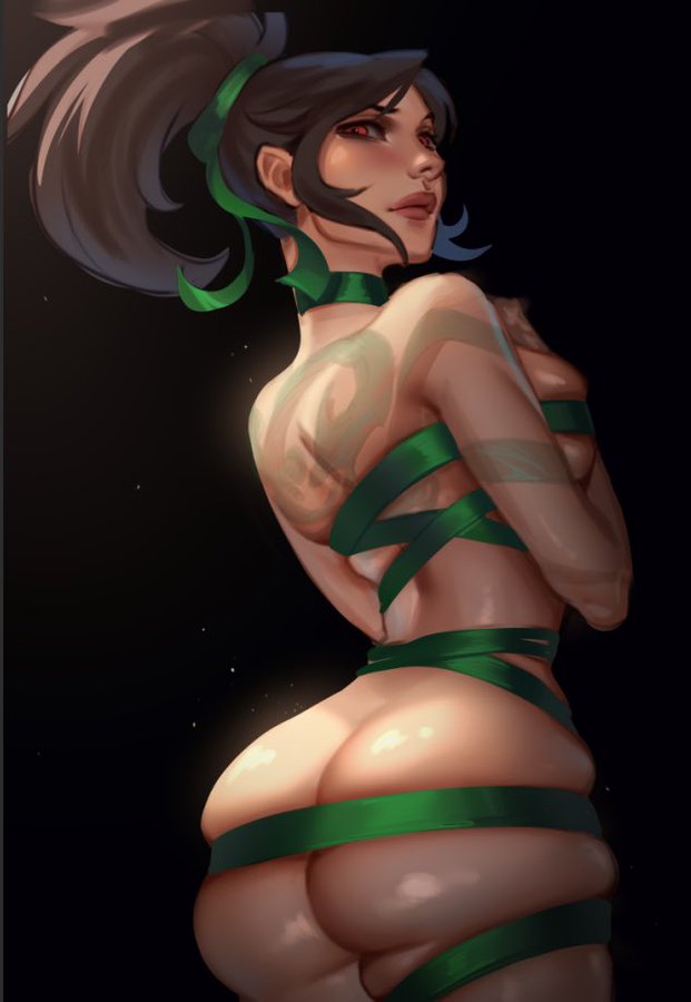 1girls, akali jhomen tethi, ass, big ass, bondage, female, female only, league of legends, looking at viewer, looking back, riot games, skindentation, solo, tattoo, vatheja