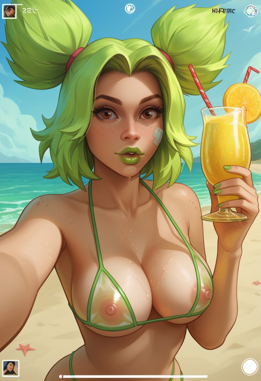 ai_generated drink green_bikini green_coat green_lips green_lipstick league_of_legends lemonade thick_lips zeri_(league_of_legends)