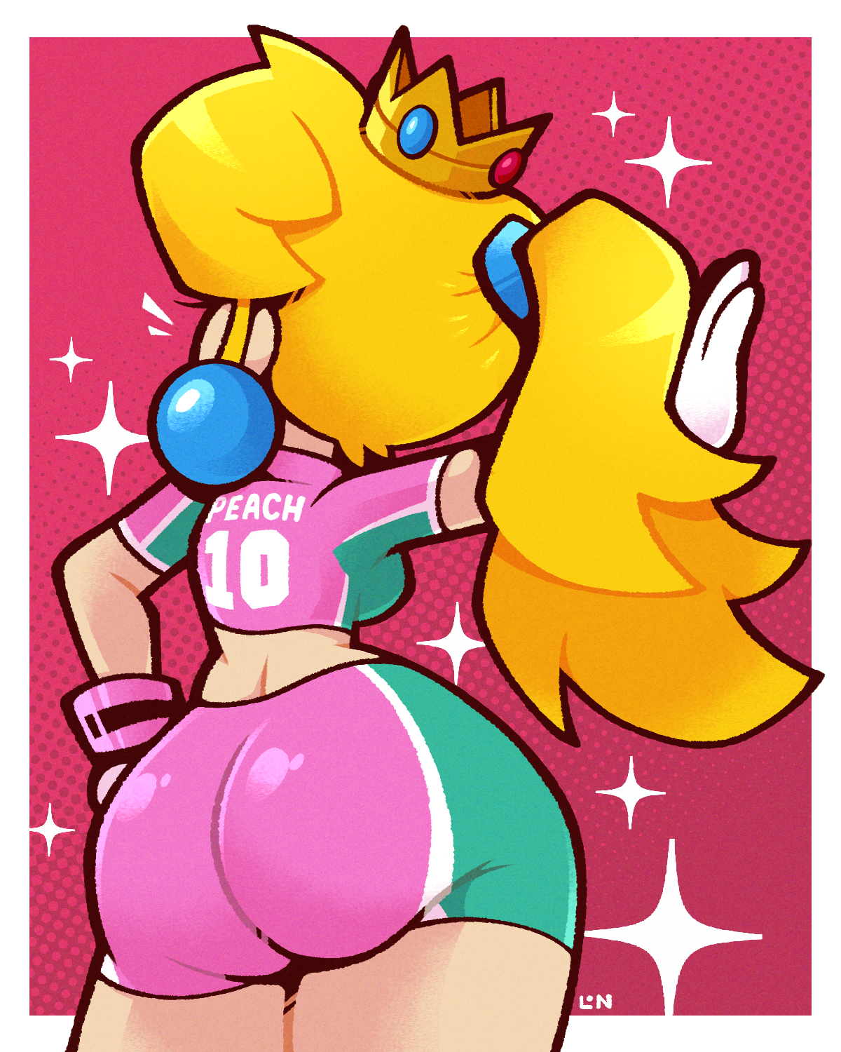 1girls, ass, ass focus, back view, big ass, big butt, blonde hair, bubble ass, bubble butt, crown, fat ass, female, female only, gloves, huge ass, huge butt, large ass, large butt, legendofnerd, mario (series), mario strikers, mario strikers peach back view redraw (meme), nintendo, outstretched arm, pink shorts, ponytail, pose, posing, princess peach, shirt, short shorts, shorts, super mario bros., thick ass, thick thighs, wide hips