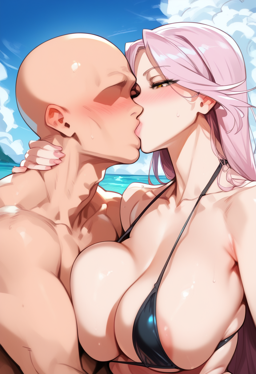 1boy 1girls 2d ai_generated big_breasts bikini bikini_top black_bikini_top day kissing long_hair micro_bikini outdoors pink_hair sagiri_yuuko sky tagme triage_x