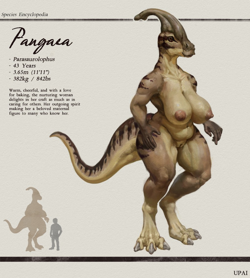 anthro areolae bigger_female breasts crest dinosaur female hi_res nipples pangaea_(upai) parasaurolophus portrait prehistoric_species size_comparison size_difference smaller_male species_encyclopedia_(upai) stated_age stated_height tail upai