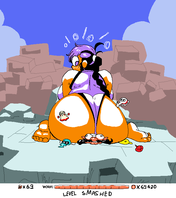 1boy 1boy1girl 1girls ass big_ass female harorlood marina_(harorlood) one-piece_swimsuit pixel_art sitting sitting_on_person wario wario_land