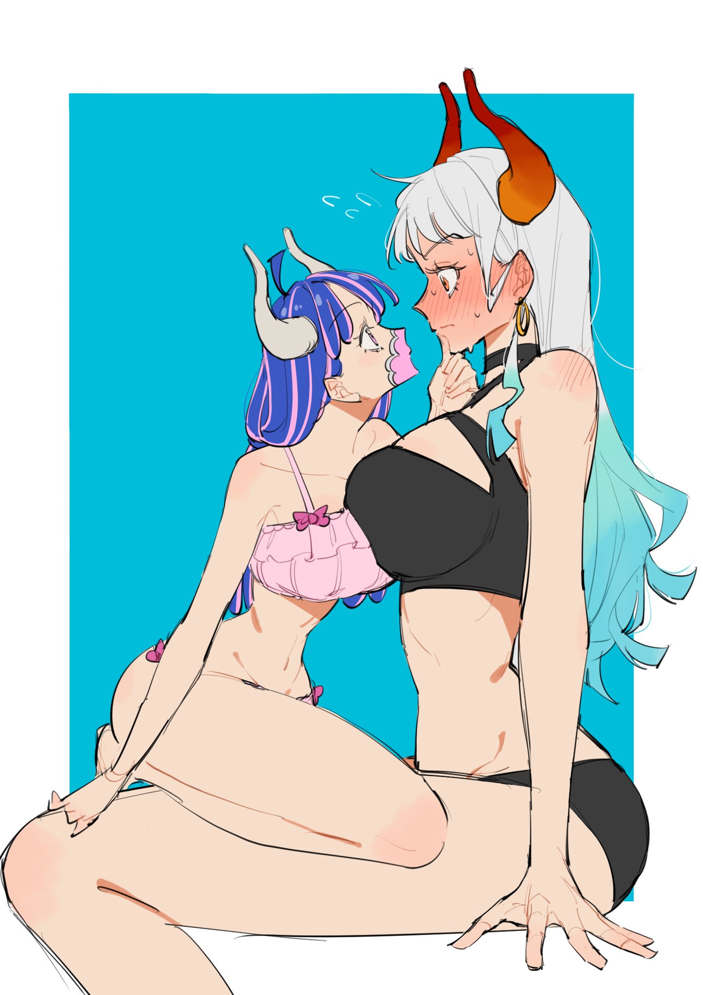 2girls, alternate costume, bare arms, bare legs, bare shoulders, bare thighs, big breasts, bikini, bikini bottom, bikini top, blue background, blue hair, blue-haired female, blush, breasts, clothed, clothing, color, fat breasts, female, female focus, female only, femdom, flat belly, hi res, horns, huge breasts, large breasts, light skin, light-skinned female, long hair, mask, multicolored hair, multiple females, multiple girls, ngo 102341, one piece, pink eyes, short female, shounen jump, simple background, tagme, taller female, thick thighs, two-tone hair, ulti (one piece), white border, white hair, white-haired female, yamato (one piece), yuri