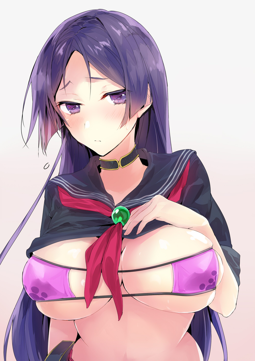 1girls absurd_res absurdres adult adult_female belly bikini bikini_top black_choker black_collar black_shirt black_topwear blush blush_lines blushing_at_viewer blushing_female breasts choker cleavage collar dot_nose elbows embarrassed embarrassed_female fate/grand_order fate_(series) female female_focus female_only fingernails fingers hand_on_breast hand_on_chest hand_on_own_breast hand_on_own_chest high_resolution highres large_breasts light-skinned_female light_skin long_hair looking_at_viewer mature mature_female minamoto_no_raikou_(fate) minamoto_no_raikou_(fate/grand_order) minamoto_no_raikou_(swimsuit_lancer)_(fate) minamoto_no_raikou_(swimsuit_lancer)_(second_ascension)_(fate) parted_bangs purple_bikini purple_bikini_top purple_eyebrows purple_eyes purple_eyes_female purple_hair purple_hair_female purple_string_bikini purple_swimsuit purple_swimwear sailor_uniform shirt shoulders simple_background slender_body slender_waist slim_waist solo standing string_bikini swimsuit swimwear thin_waist tomozero topwear upper_body white_background