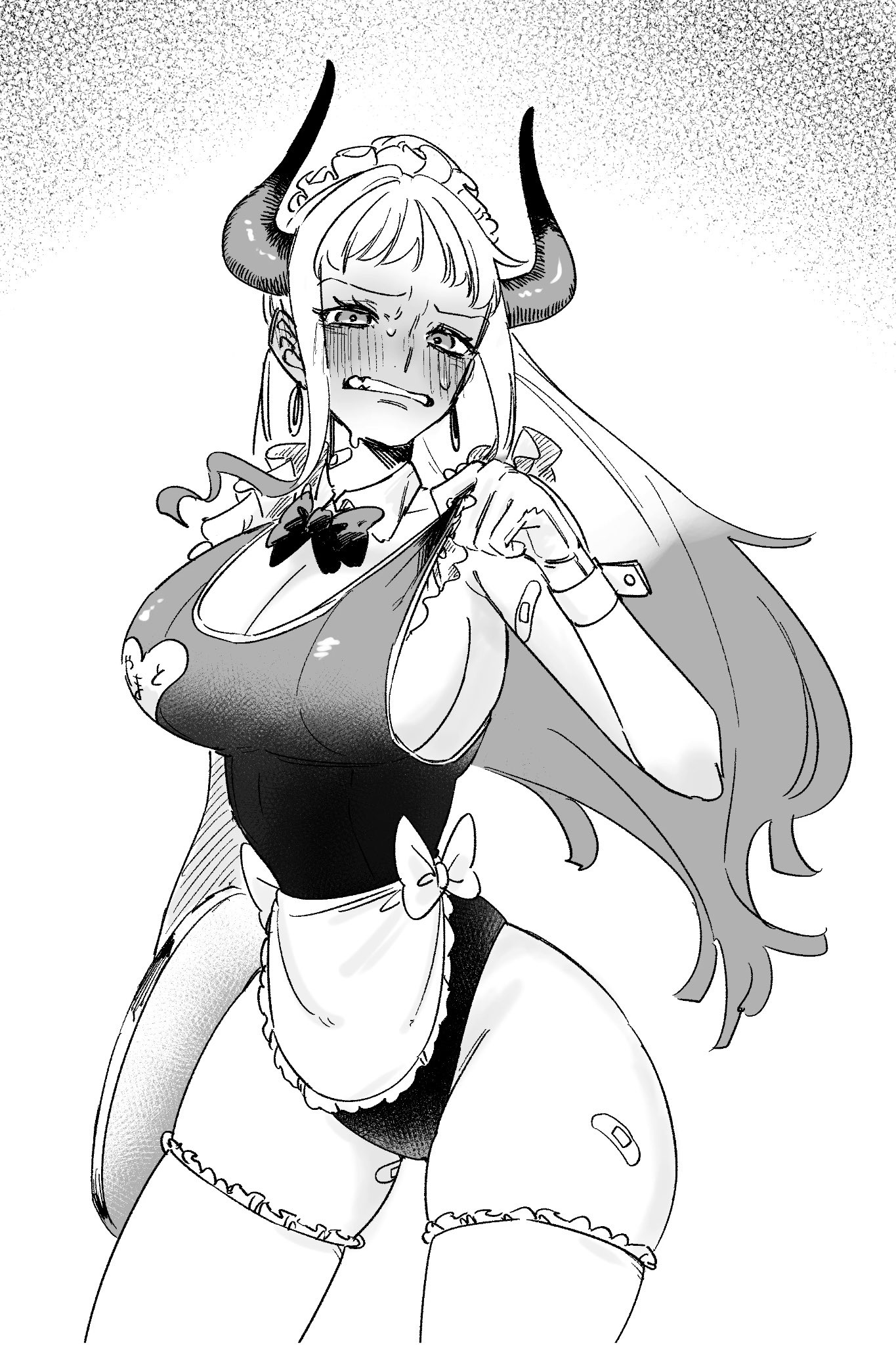 1girls, bare arms, bare legs, bare shoulders, bare thighs, big breasts, blush, breasts, clothed, clothing, color, embarrassed, female, female focus, female only, hi res, horns, large breasts, light skin, light-skinned female, long hair, maid, maid outfit, maid uniform, ngo 102341, one piece, shounen jump, solo, solo female, tagme, thick thighs, white hair, yamato (one piece)