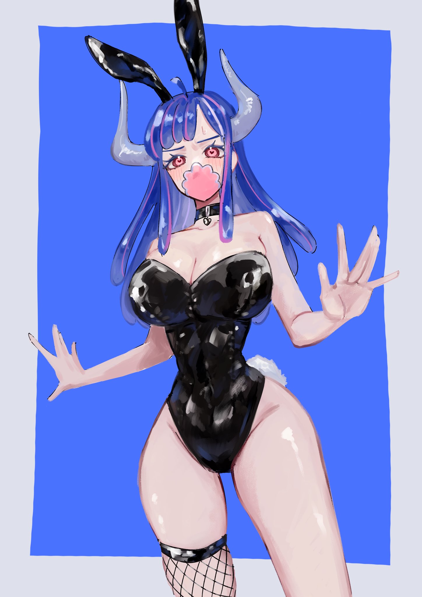1girls, bare arms, bare legs, bare shoulders, bare thighs, big breasts, blue hair, blue-haired female, blush, breasts, bunny ears, bunny tail, bunnysuit, cleavage, clothed, clothing, collar, color, embarrassed, female, female focus, female only, fishnets, fully clothed, hi res, horns, large breasts, light skin, light-skinned female, long hair, looking at viewer, mask, multicolored hair, ngo 102341, one piece, pink eyes, revealing clothes, shiny clothes, shounen jump, solo, solo female, tagme, thick thighs, tight clothing, ulti (one piece)