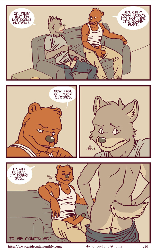 anthro artdecade ass back bear big_muscles canine clothed clothing comic duo english_text erection gay grizzly_bear male male/male male_only mammal masturbation muscles pants pants_down penis rear_view sitting sofa standing text uncut undressing what wolf yaoi