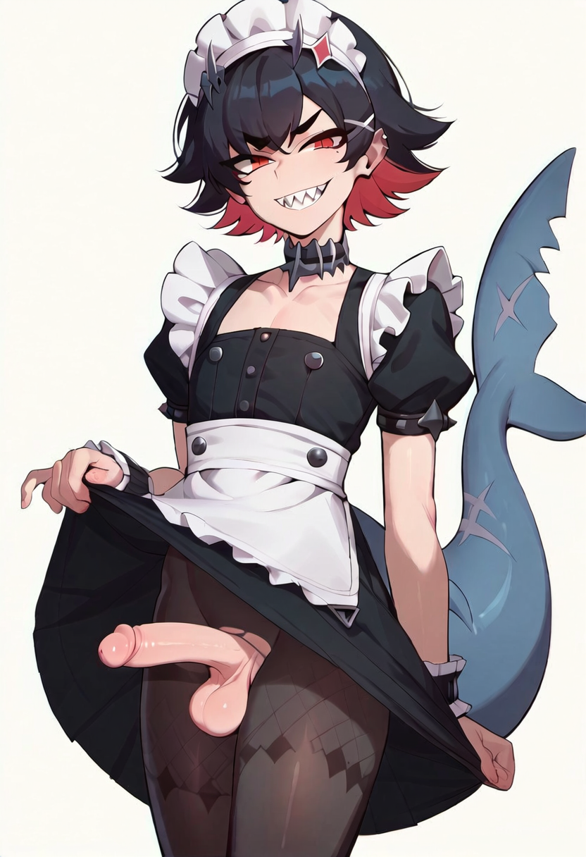 1boy ai_generated altra_x black_hair collar ellen_joe femboy flat_chest genderswap_(ftm) looking_at_viewer maid maid_headdress maid_uniform pantyhose penis red_eyes rule_63 shark_tail sharp_teeth skirt_lift smirk testicles trap zenless_zone_zero