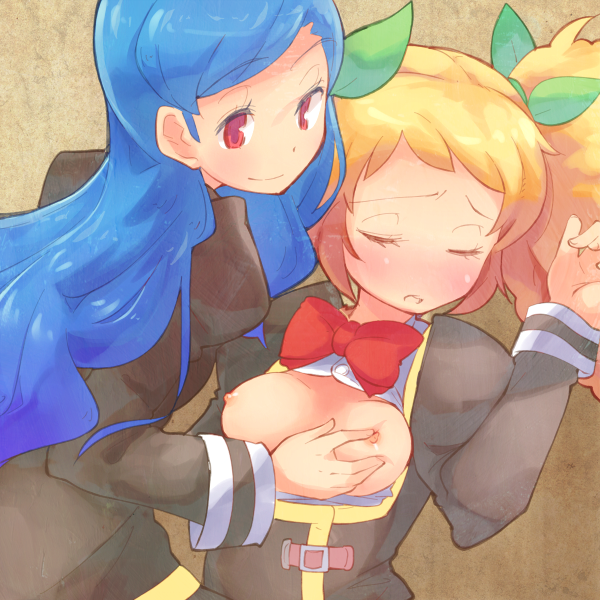 2girls aikatsu! blonde_hair blue_hair blush breast_grab breasts closed_eyes hair_ornament hair_ribbon kazesawa_sora long_hair looking_at_another multiple_girls nipples open_clothes open_mouth open_shirt red_eyes ribbon saegusa_kii shirt sleep_molestation sleeping smile tied_hair twintails