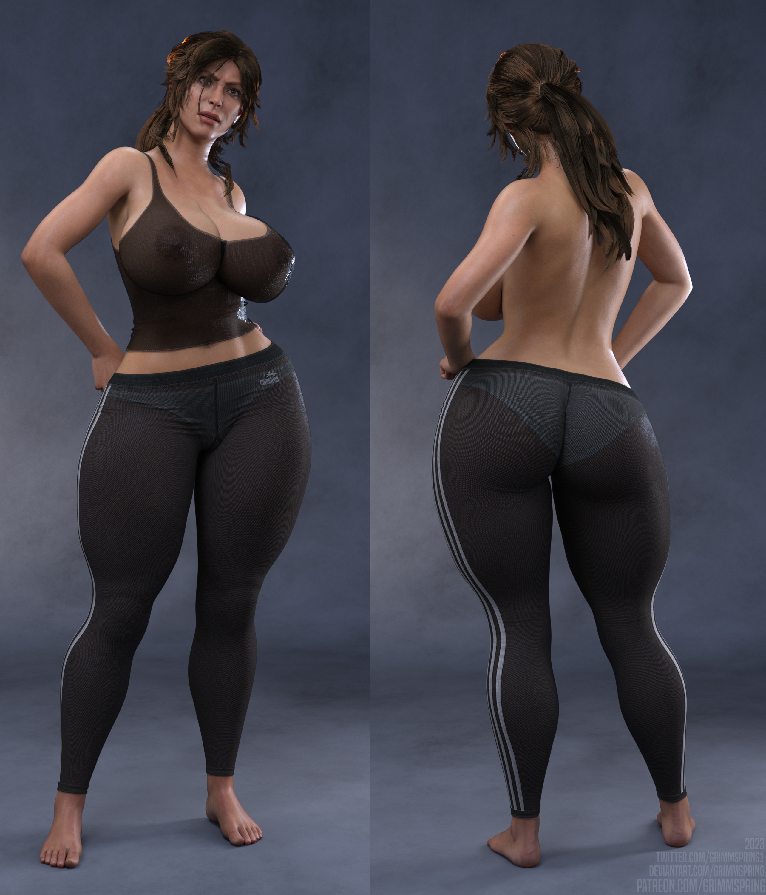 1girls, 3d, ass, big ass, big breasts, breasts, brown hair, female, grimmspring, huge breasts, lara croft, lara croft (survivor), nipples, nipples visible through clothing, solo, tomb raider, tomb raider (survivor), translucent clothing