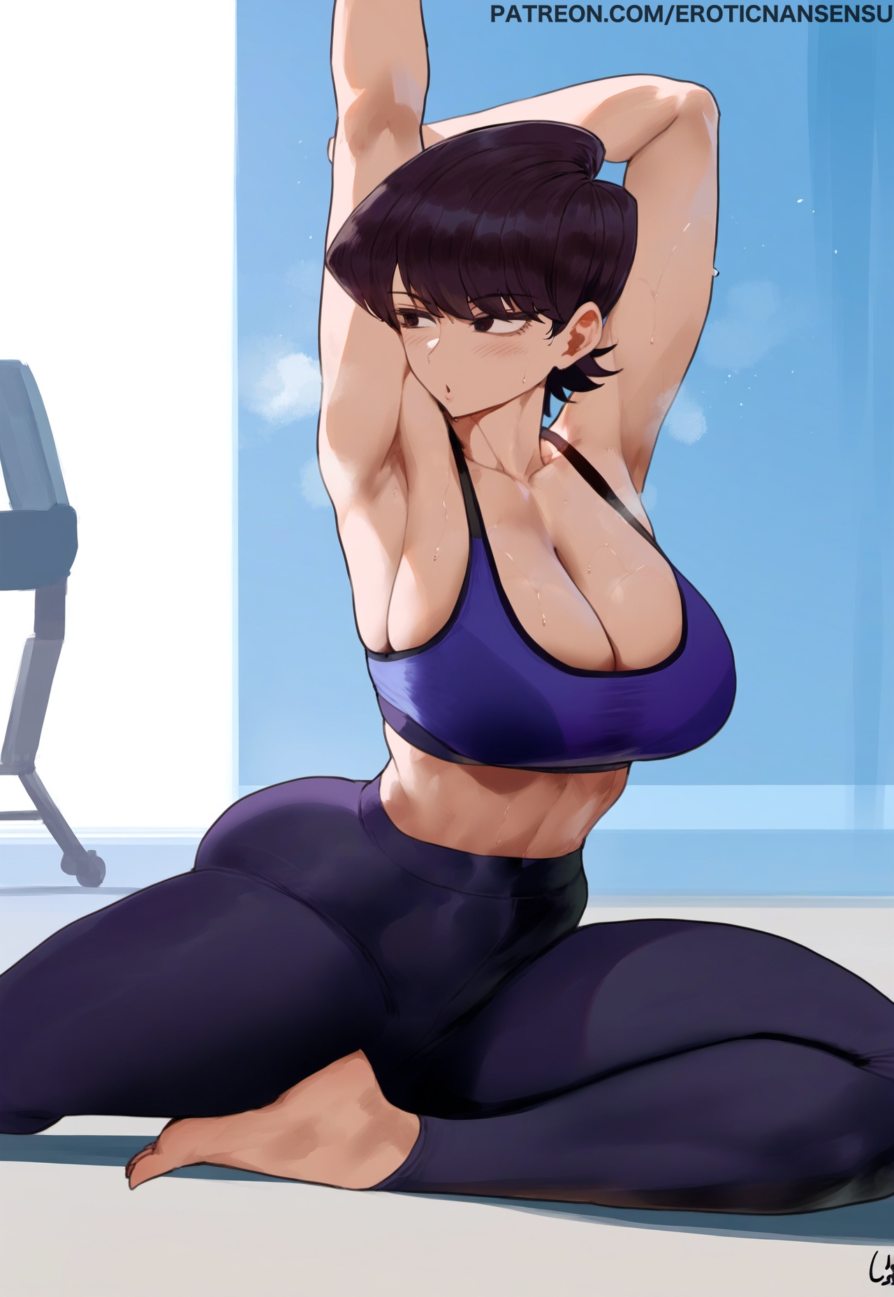 ai assisted, ai generated, big breasts, breasts, curvy, erotic nansensu, female, fit, fit female, gym uniform, hips, komi shuuko, komi-san wa komyushou desu, milf, sports bra, thick thighs, voluptuous, voluptuous female, yoga pants